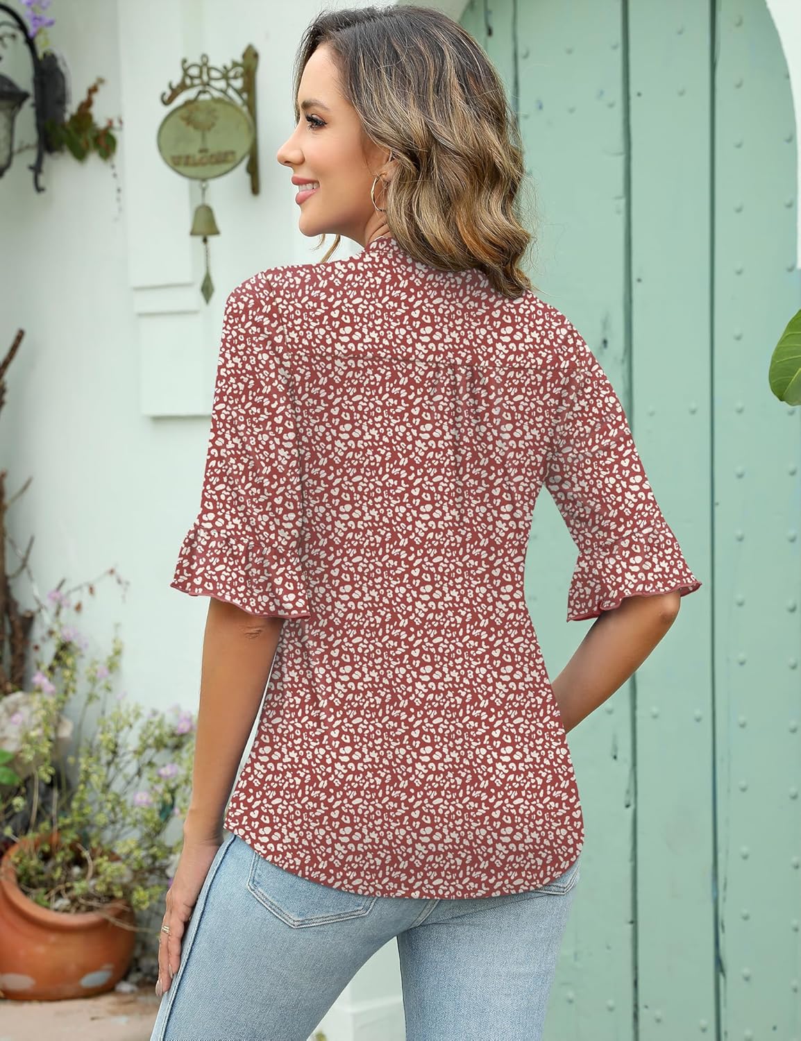 Rapbin Womens 3/4 Length Sleeve Tops Loose Fit Casual Crew Neck Shirts Ruffle Tunic Blouses - Image 4