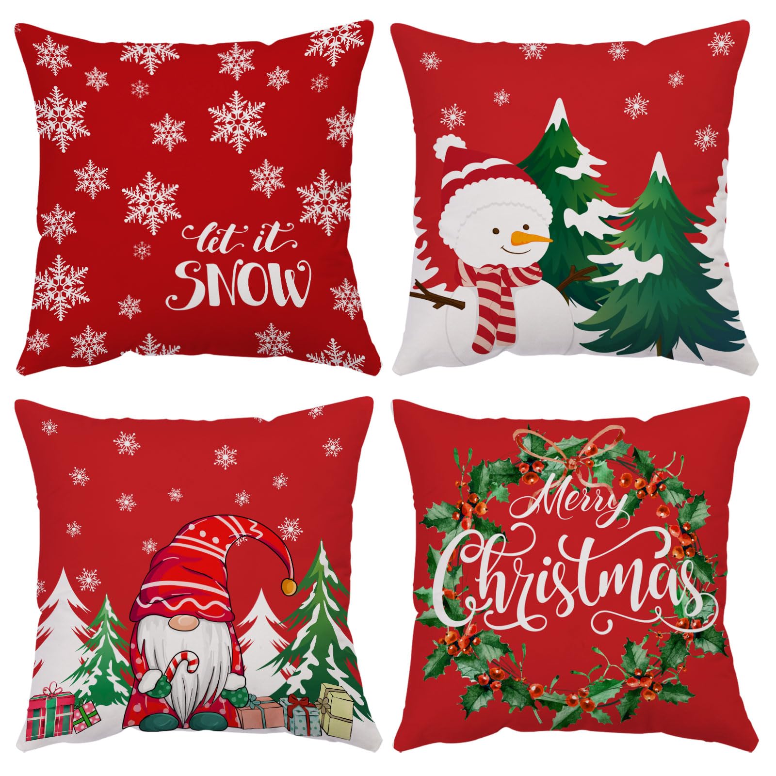 YeeJu Set of 4 Christmas Pillow Covers 20x20 Inch Merry Christmas Pillow Cases Velvet Christmas Throw Pillow Covers Red Xmas Holiday Outdoor Couch