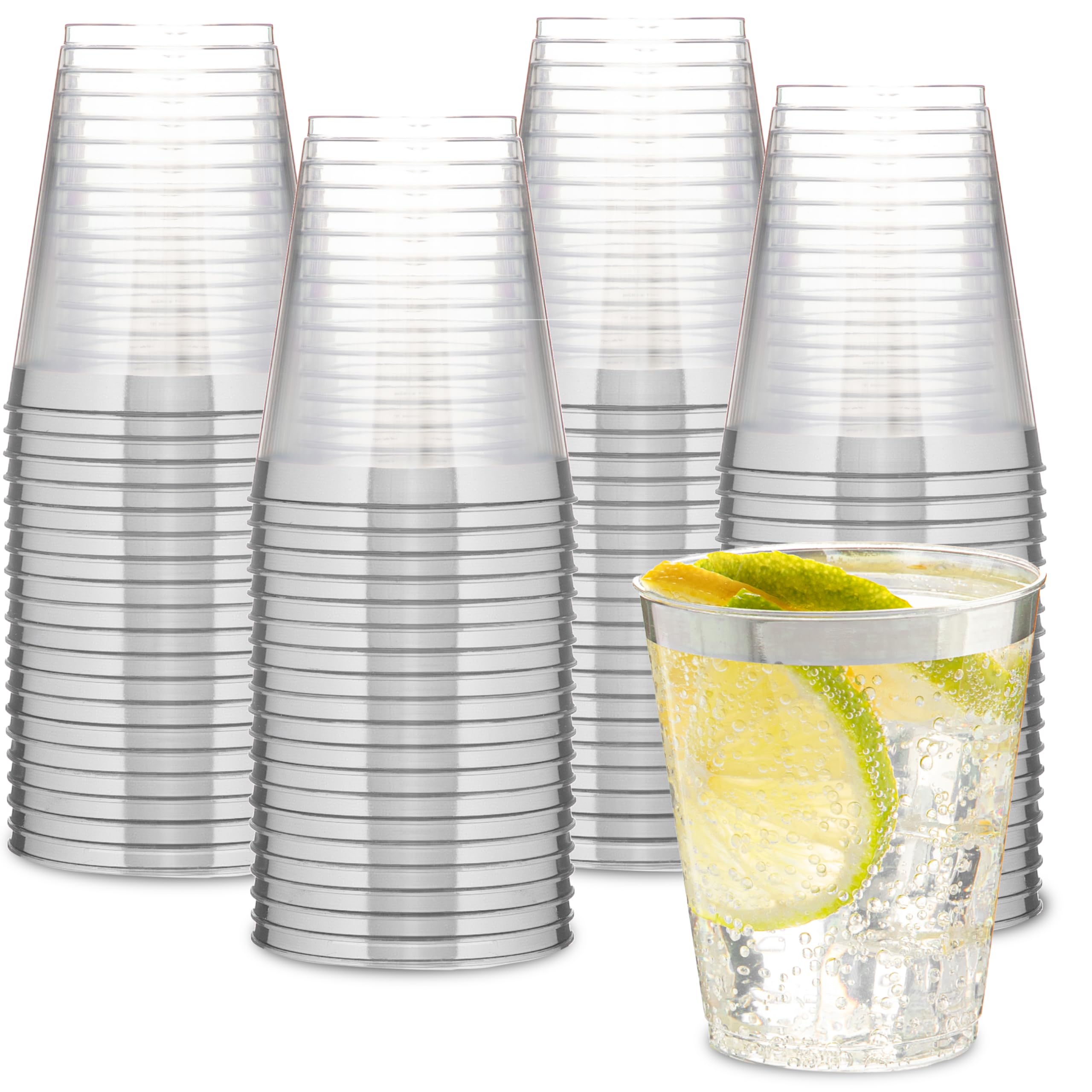 PLASTICPRO Lot de 100 gobelets jetables en plastique transparent avec bord argenté pour fêtes et mariages 200 ml