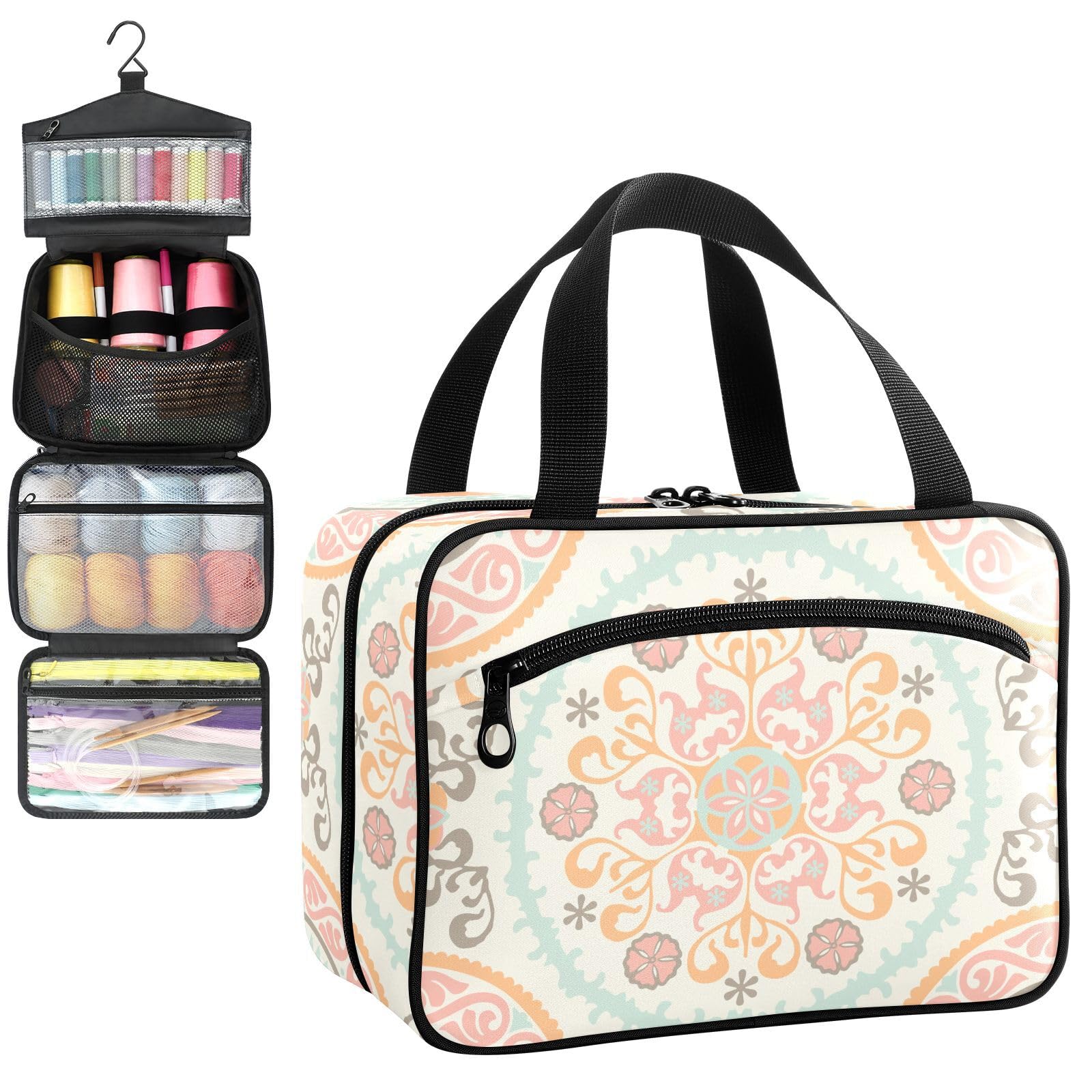 YNNALE Sewing Supply Organizer Bag, Ethinc Foral Abstract Pattern Traditional Portable Sewing Bags with Pockets&Hanger, Sewing Storage Box Case for Sew Supplies/Kit/Tools/Accessories (BAG ONLY)