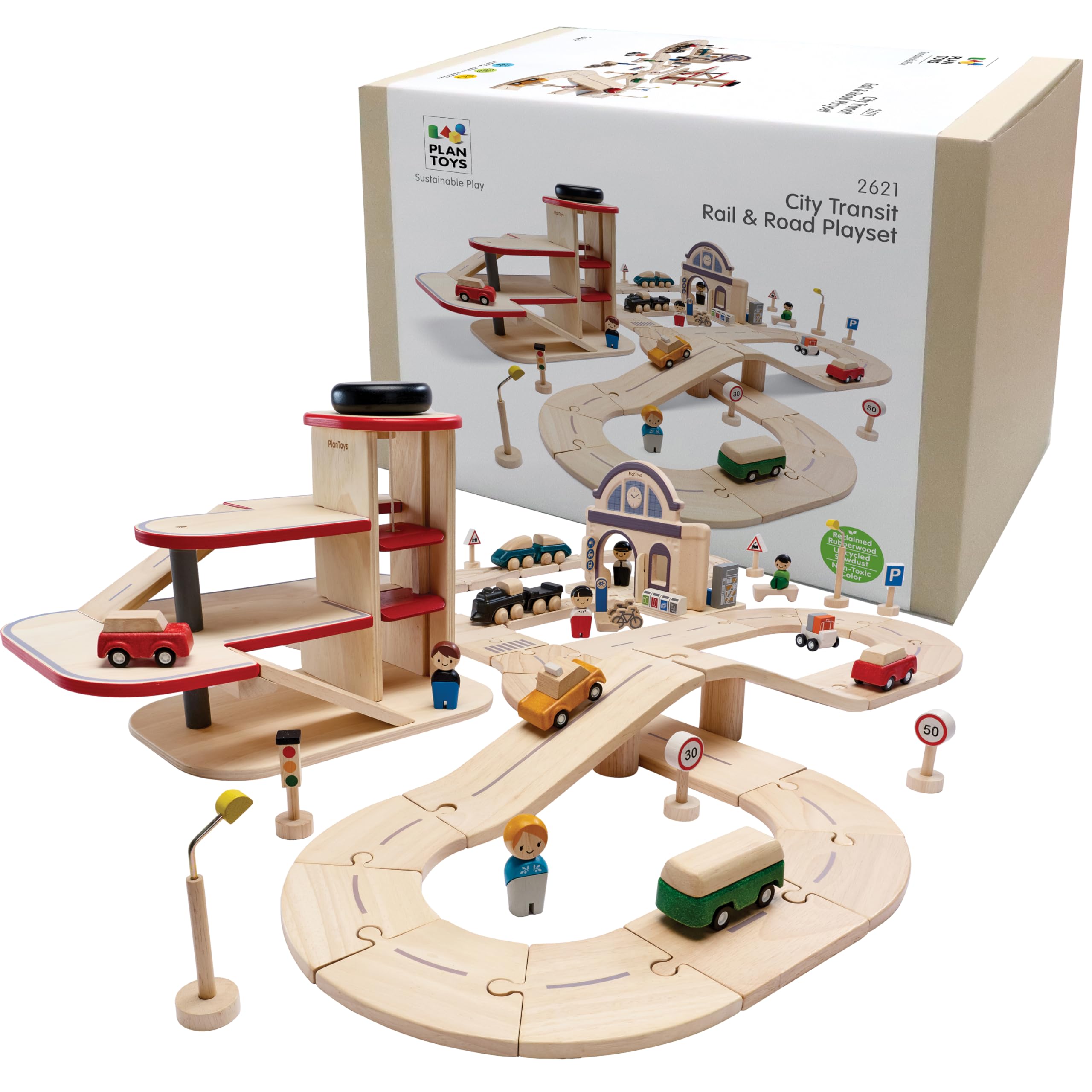 PlanToys® Wooden City Transit Rail &amp; Road Playset Montessori Kids Building