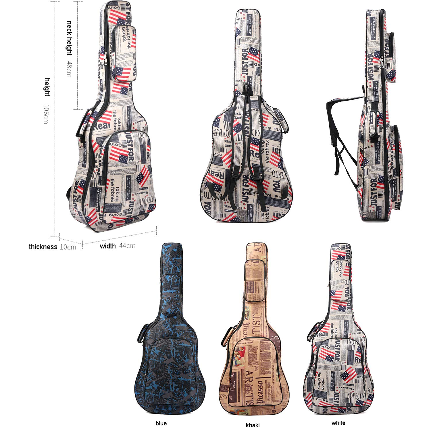 Housse de transport pour guitare folk acoustique ou classique en tissu Oxford imperméable à double couture rembourrée Motif journal kaki 104 cm
