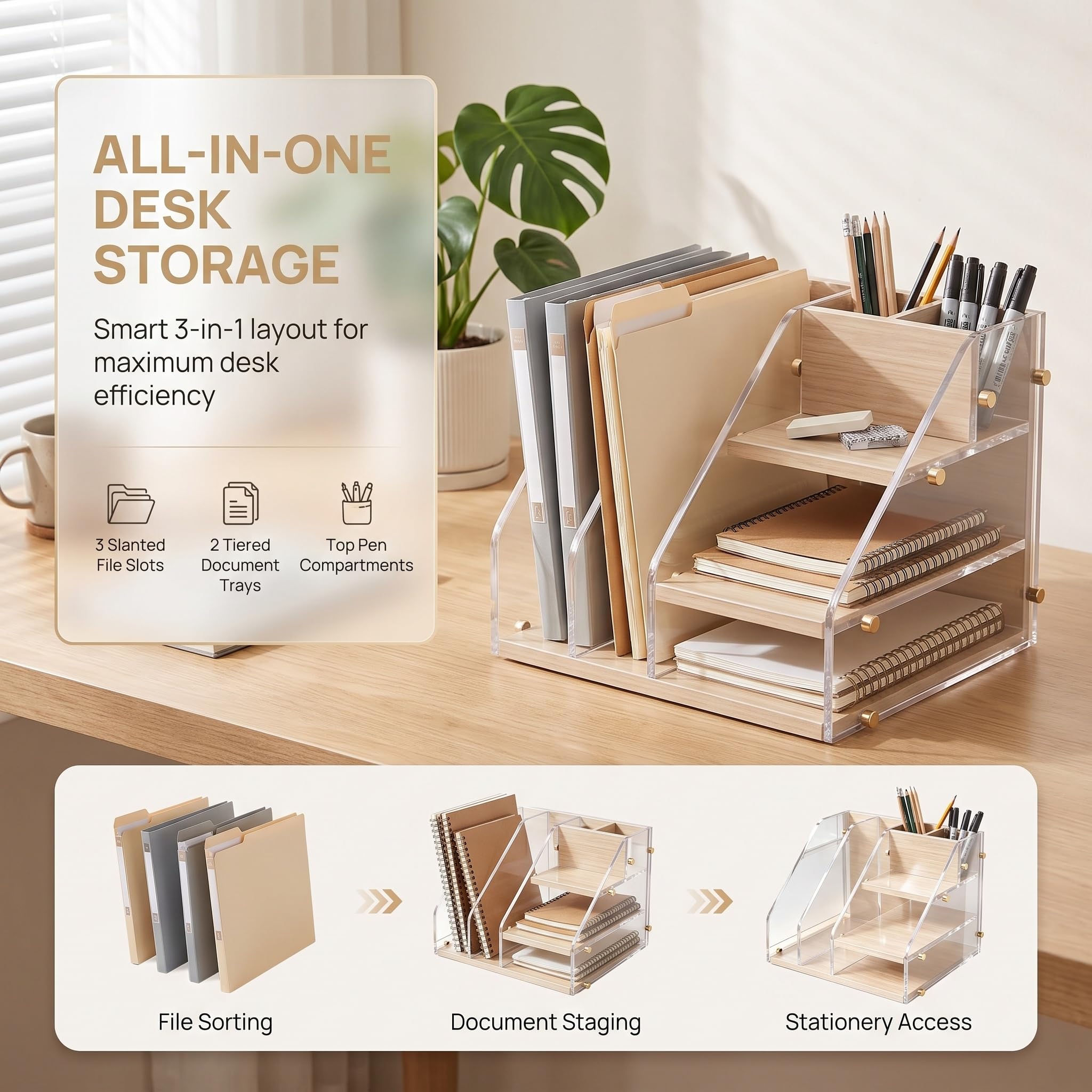 Organizador De Escritorio Multicapa, Portadocumentos De Acrílico Transparente Y Madera Con Compartimento Lateral, Estante Para Guardar Papeles De Escritorio Para Oficina, Hogar Y Escuela.