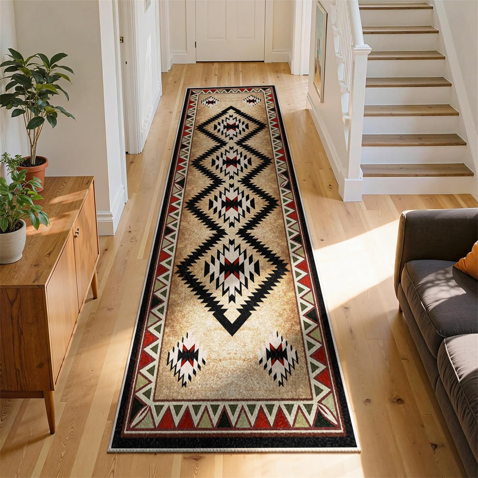 YJDRUG Rustic Boho Runner Rug 60x120cm, Western Tribal Abstract Pattern in Beige Rugs, Extra Long Breathable & Durable Non-Slip Carpet Mats for Hallway, Front Door & Entryway — image 1