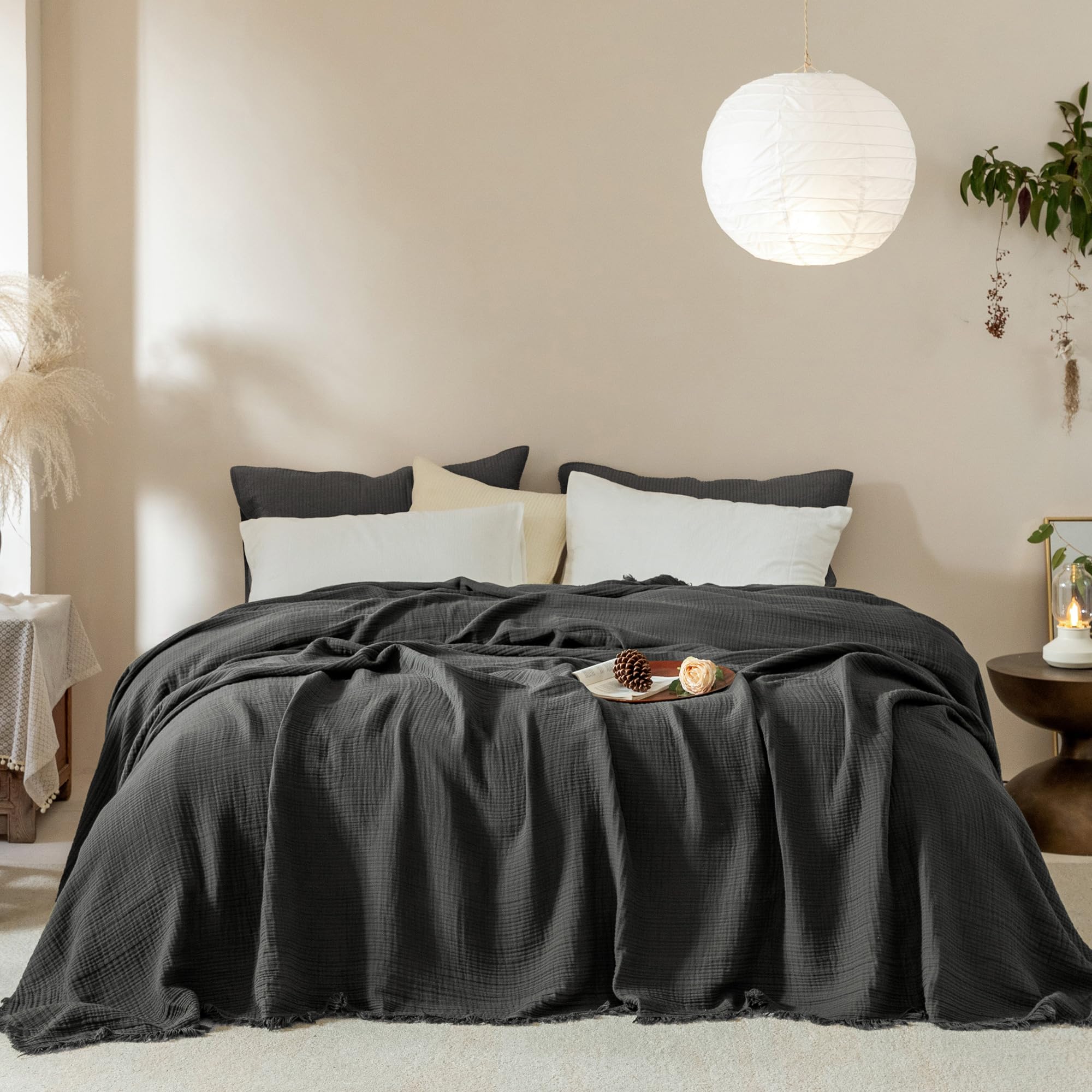 Muslin Fringe Blankets for Adults: 100% Cotton Cloud Soft Queen