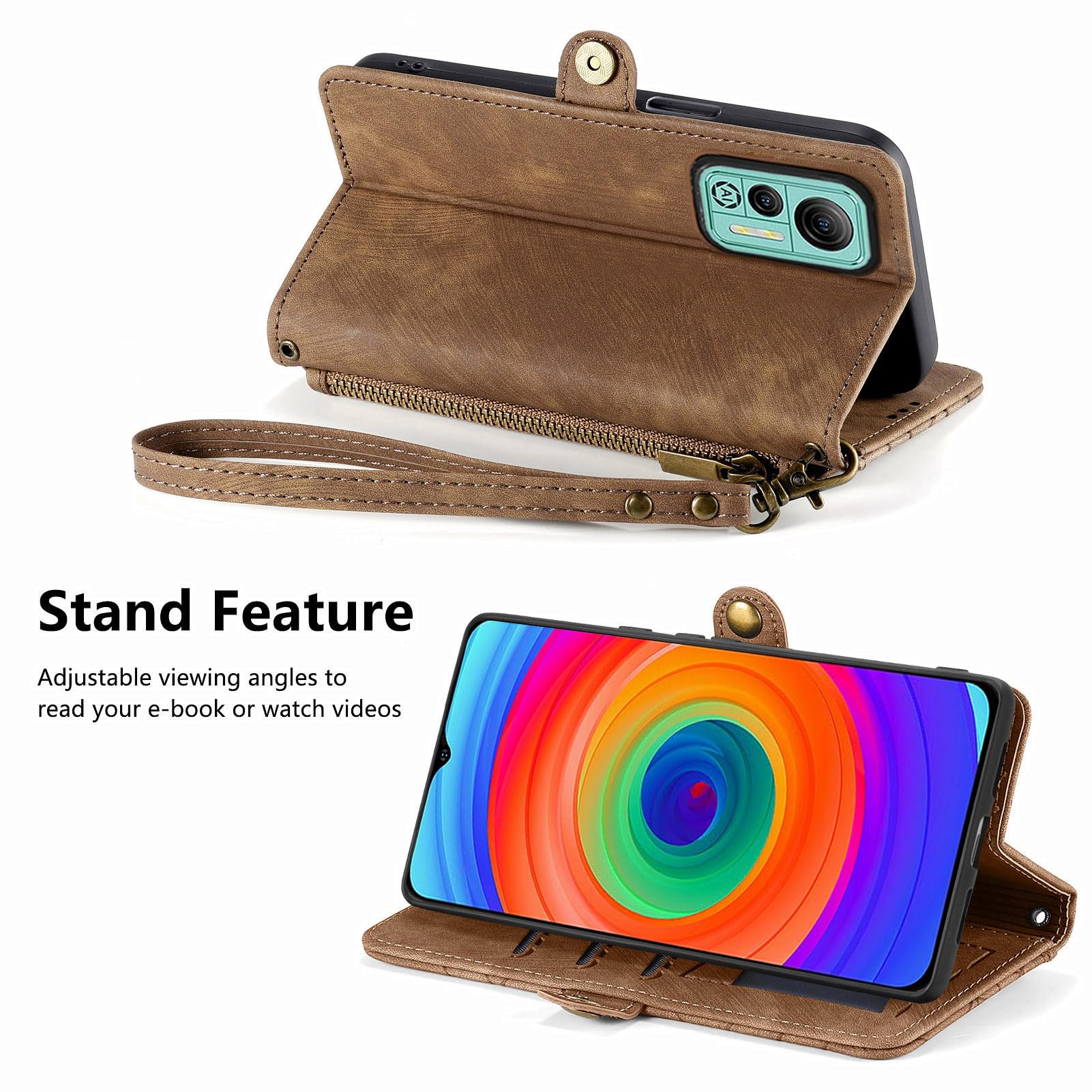 Asuwish Phone Case for Ulefone Note 14/14 Pro Wallet Cover with Tempered Glass Screen Protector and Wrist Strap Leather Flip Zipper Credit Card Holder Stand Cell Accessories 14Pro 2022 Women Men Brown - Image 2