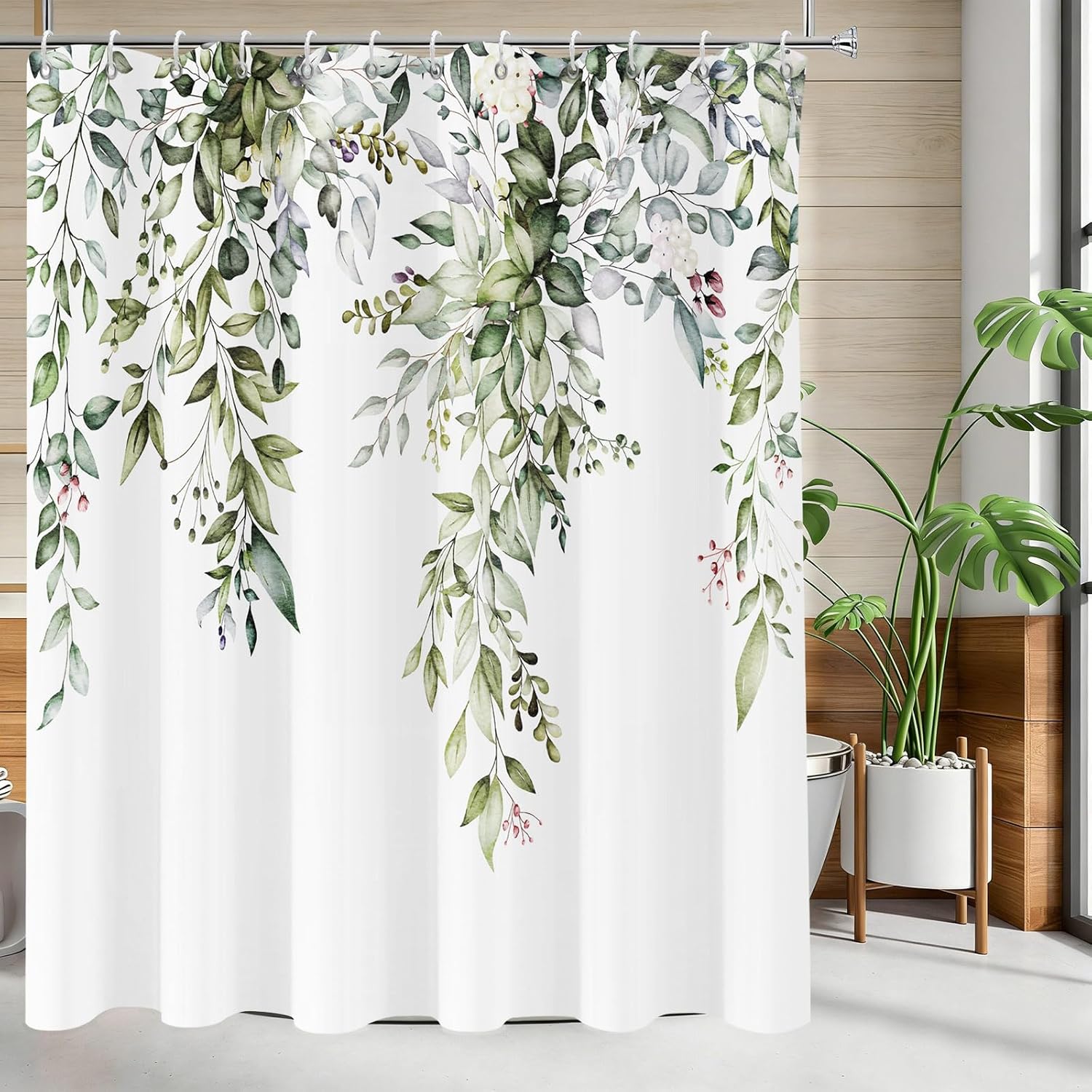 Long Shower Curtain Green Eucalyptus Shower Curtains for Bathroom-Peak Green Leaf Cloth Shower Curtain Sets-Watercolor Sage Green Plants Leaves Floral Bathroom Bathtub Curtains 72"x78" with Hooks