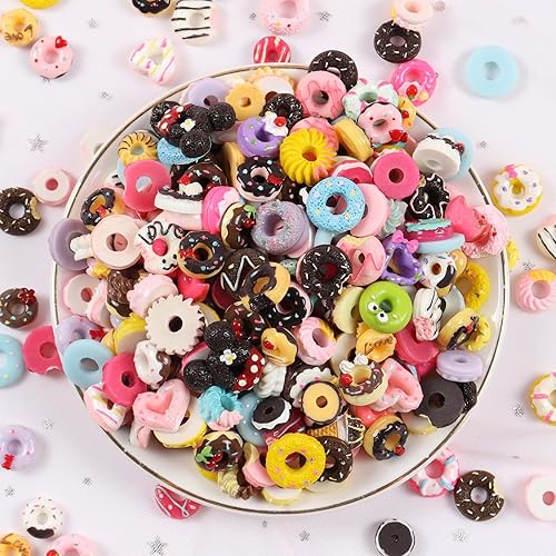 Miniatura 4 de 100 piezas de dijes de baba surtidos, BOSOIRSOU lindos caramelos, frutas dulces y donas, dijes adornos de resina con parte posterior plana