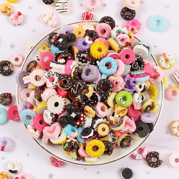 100 pcs Assorted Slime Charms, Cute Candy Sweet Fruits Donut Charms Ornaments Flatback Resin Cabochons for Craft Making Ornament Scrapbooking DIY Crafts Beads Making Supplies