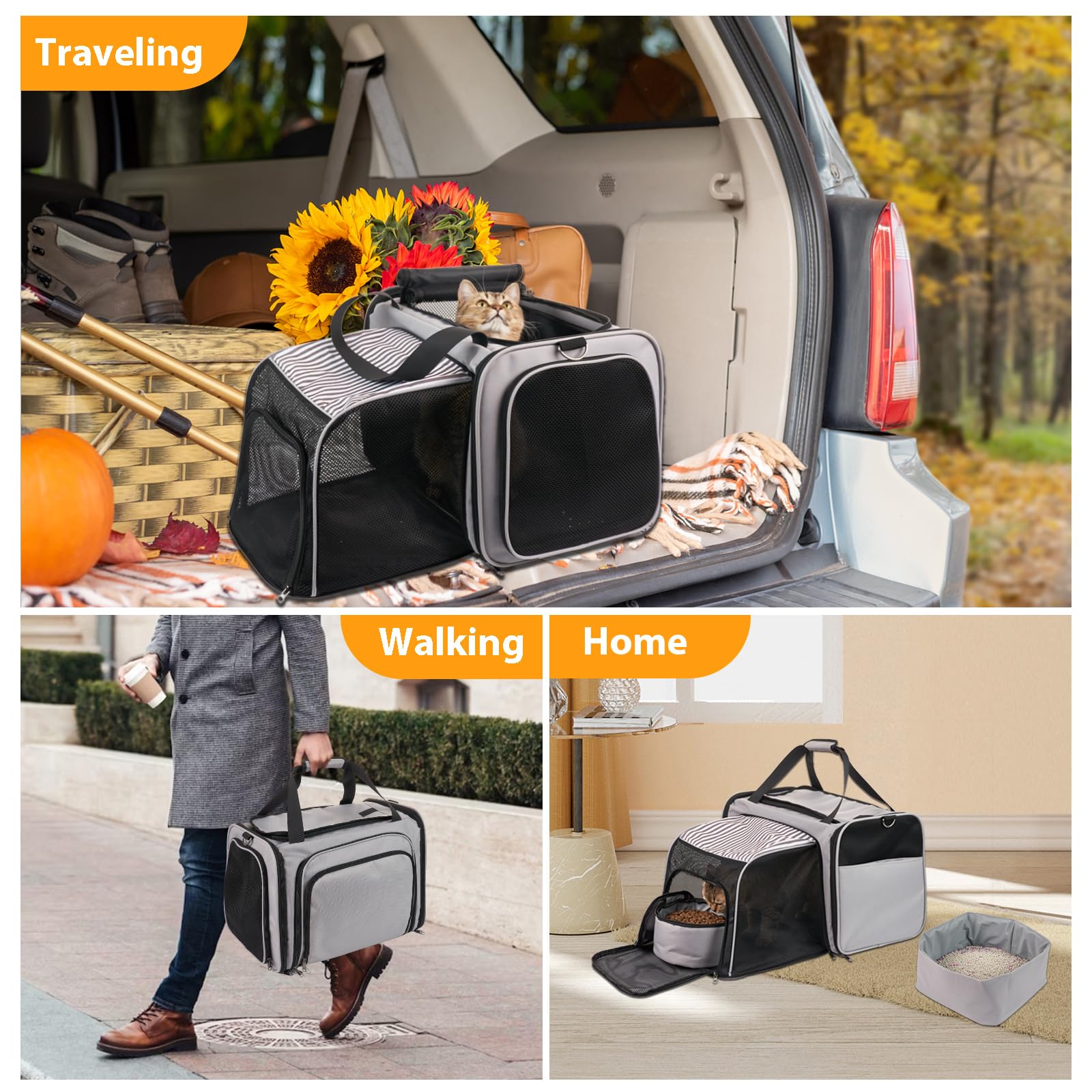 Cat Carrier with Litter Box, Collapsible Soft Sided Pet Carrier for Car Travel, Cat Travel Carrier with Locking Zippers, Expandable Cat Carrier with Food Bowl for Cats/Puppies up to 25 lbs, Grey - image 2