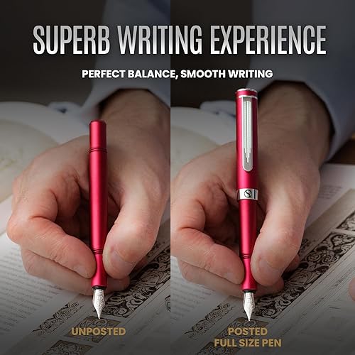 Miniatura 6 de Scriveiner Pluma estilográfica EDC de lujo (fino), impresionante bolsillo rojo mate EDC con acabado cromado, punta alemana Schmidt, convertidor, un