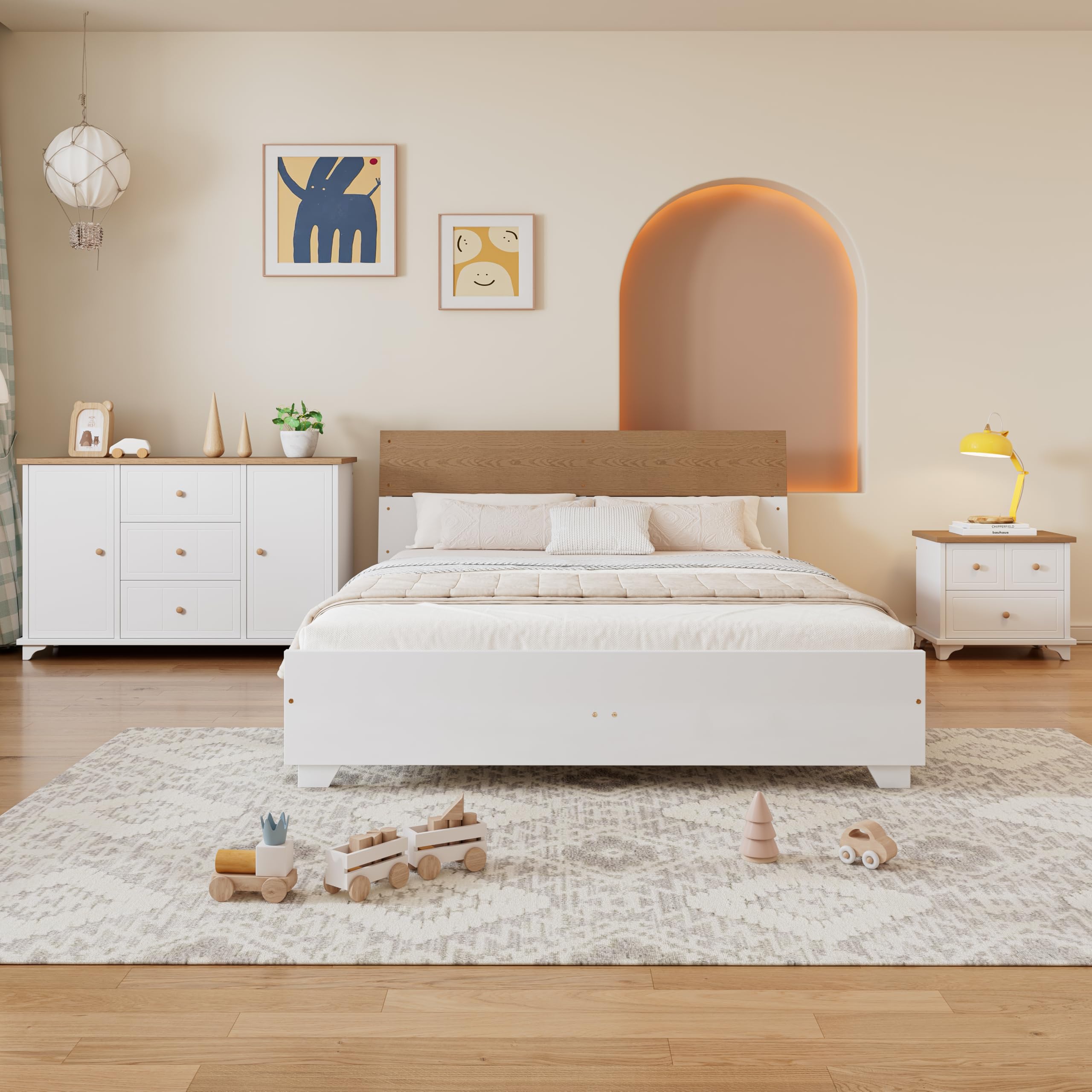 Set di 3 camere da letto complete, letto matrimoniale 160 x 200 cm, comodino+cassettiera, con 16 doghe, 2 cassetti e 2 ante
