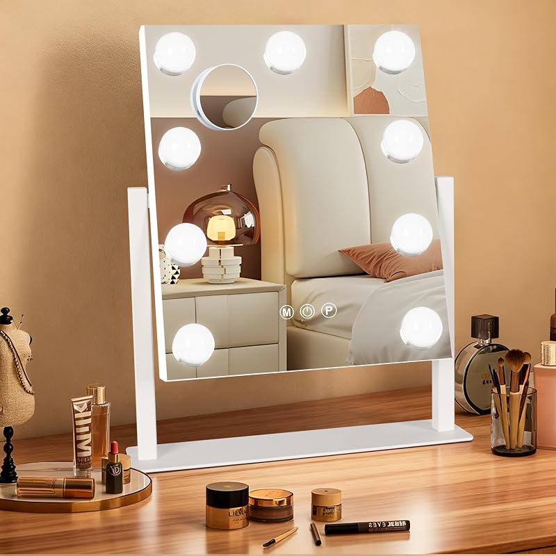 Espelho de maquiagem Ratsamee com luzes, 30,48 cm x 35,56 cm, branco, suporte giratório 360°
