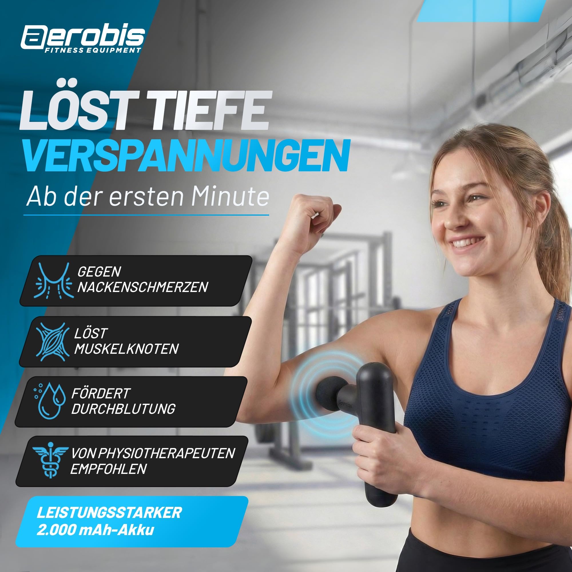 aerobis® Massagepistole Mini - Extra leichtes Triggerpunkt Massagegerät für Muskulatur und Faszien - Massage Gun inklusive 4 Aufsätze & Stufen zur Entspannung, Handmassagegerät