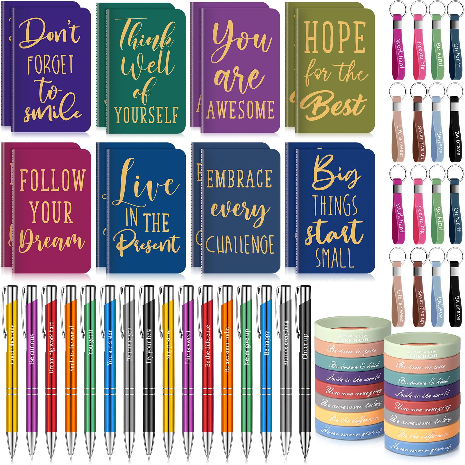 PerKoop 64 Pcs Inspirational Gifts Bulk 16 Motivational Notebooks Journal 16 Ballpoint Pens 16 Wristbands 16 Keychains for Teacher Office Women