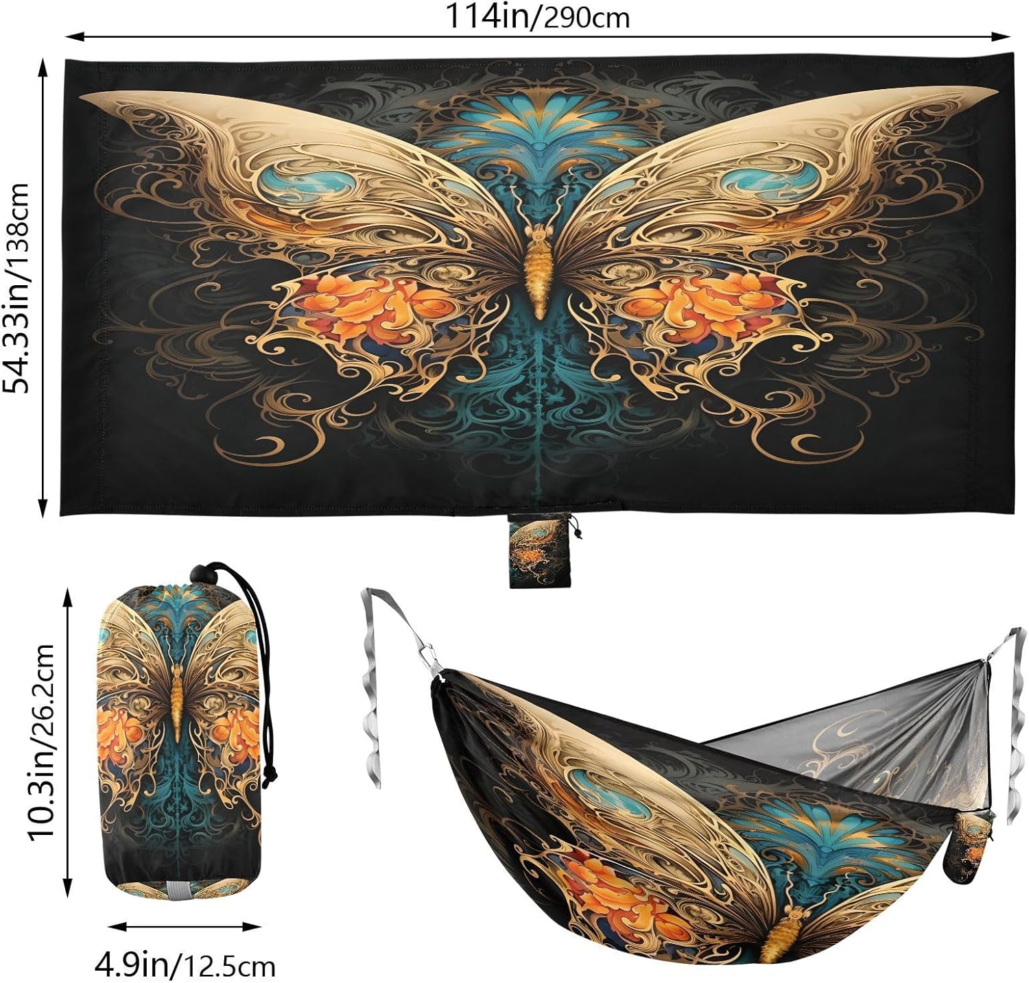 ALAZA Butterfly Gothic Camping Hammocks Single or 2 Person 500 lbs Portable Parachute Travel Hammock w/Tree Straps for Hiking Backpacking Indoor Outdoor