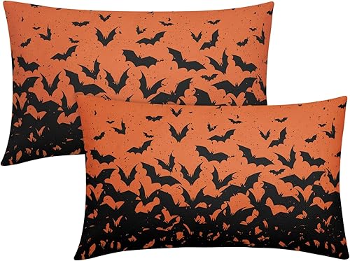 Miniatura 1 de Kawani Juego de 2 fundas de almohada lumbar de murciélagos de 12 x 20 pulgadas, fundas de almohada rectangulares decorativas de murciélagos negros y