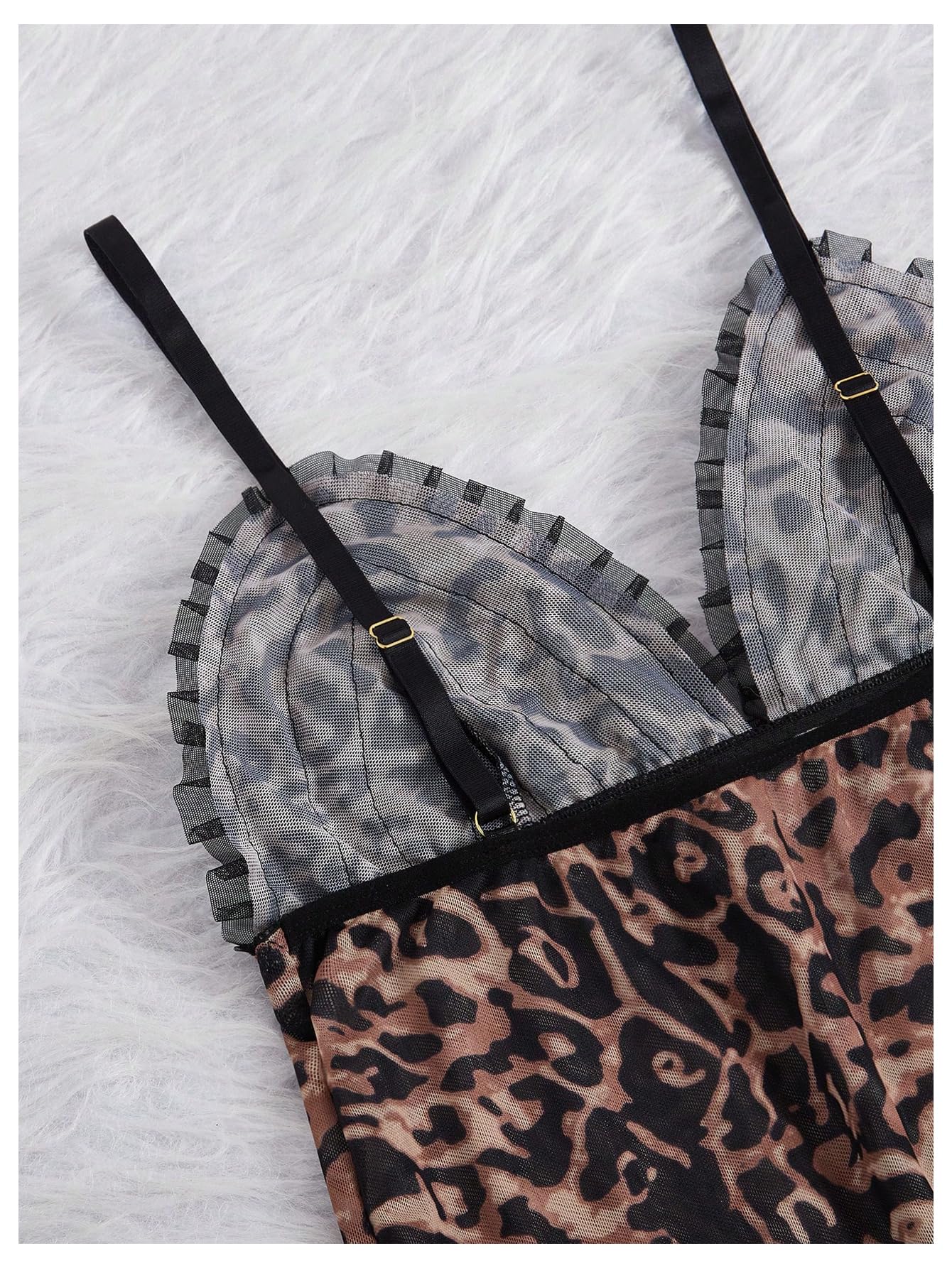 BEAUDRM Women's 2 Piece Sexy Mesh Sheer Pajama Set Leopard Print Ruffle Trim Cami Top and Pants Sleepwear Cheetah Print Pjs: Medium Brown