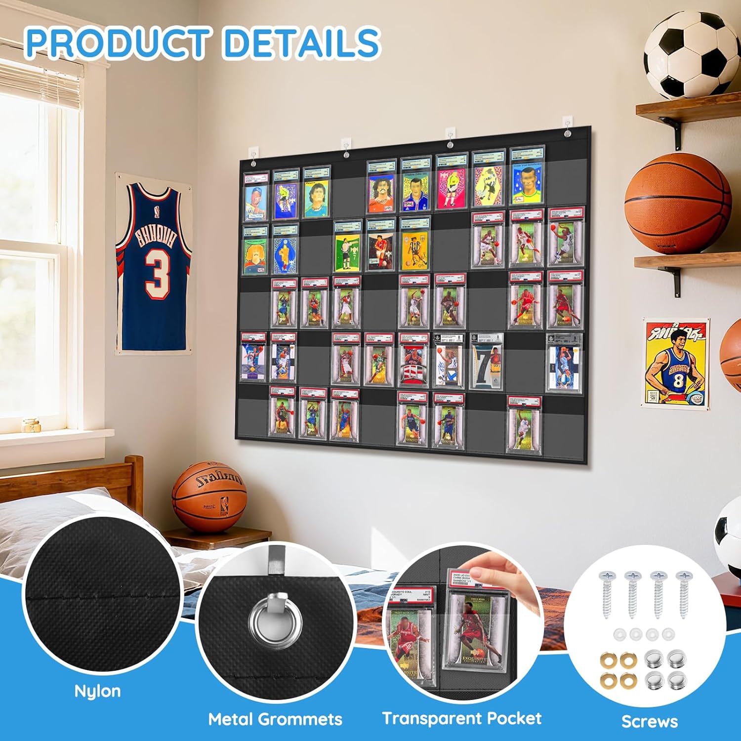 ZKOO Cards Display Case, 50 Pocket PSA/BGS/CGC Grading Cards Storage Bag for Sports Card, Baseball Card, Football & Basketball Card, Trading Card Wall Display Bag, Black
