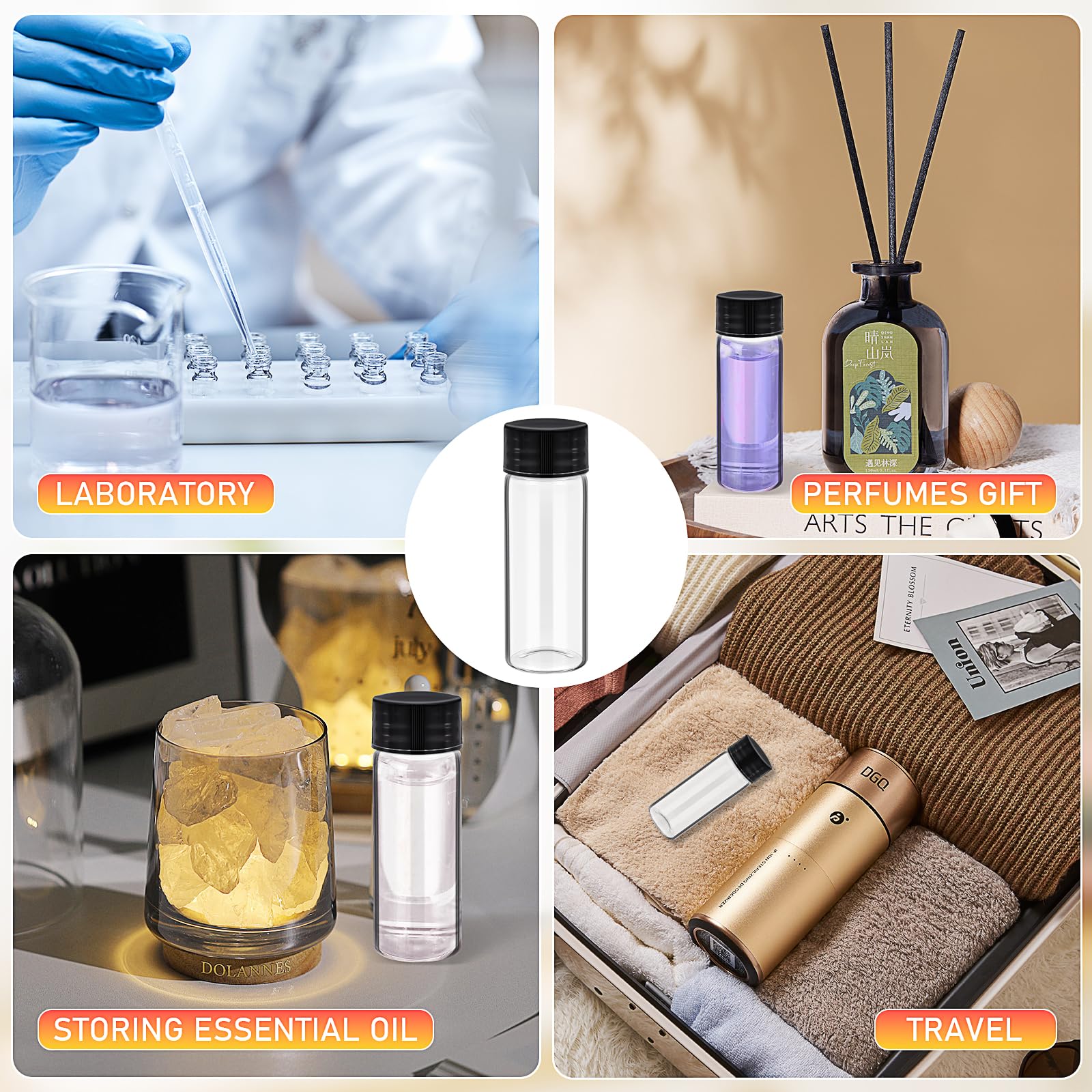 Confezione da 100 flaconcini in vetro trasparente da 20 ml, piccoli flaconi vuoti per campioni con tappo a vite e tappi, mini contenitori per reagenti a prova di perdite, con 10 imbuti per oli