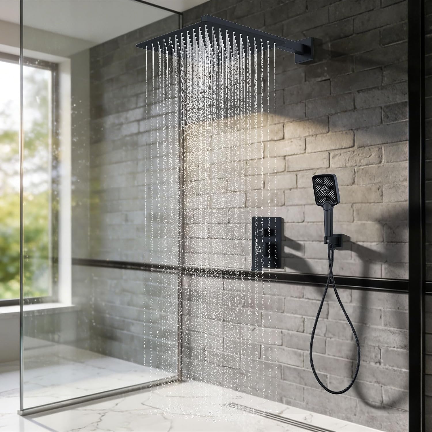 Shower System Modern Rain Brass Faucet Set With Valve and Diverter Shower Mixer With Handheld High Pressure Square Rainfall Shower Valve (12'' Wall Mount, Matte Black)