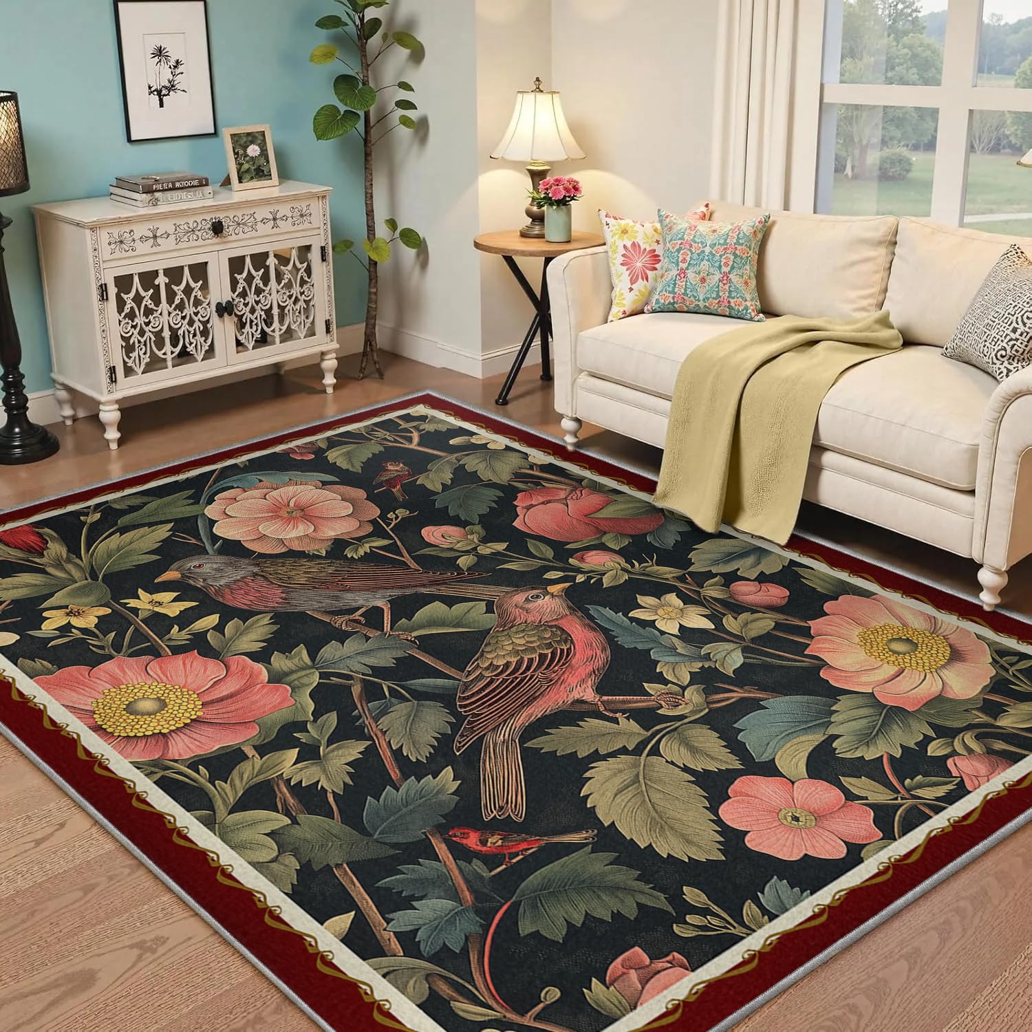 Tapis intérieur mignon oiseau et pivoine pour réchauffer la chambre de bébé ou le salon