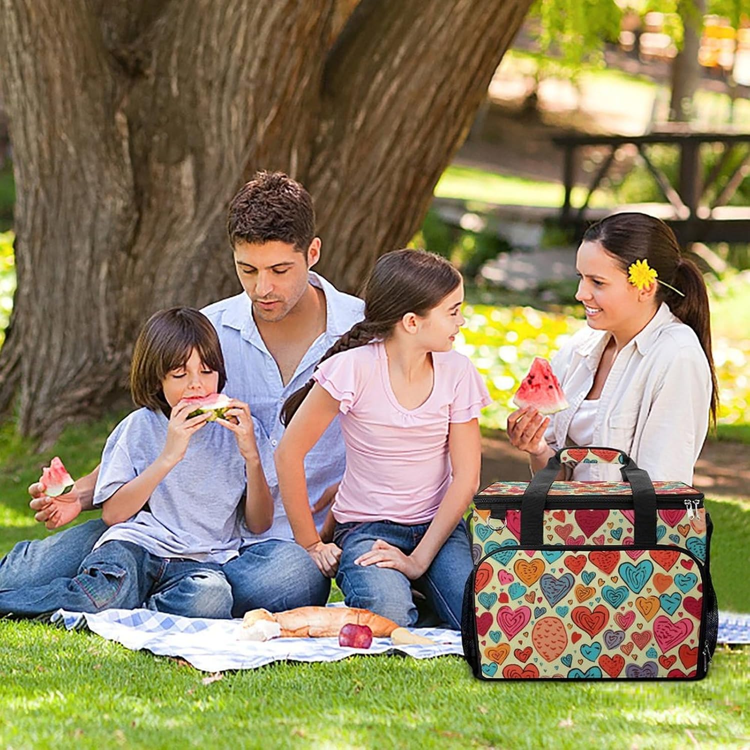 Insulated Picnic Backpack Tote Bag, Large Capacity 30L Colorful Heart Pattern Cooler Bag Leakproof Beach Bags Portable Lunch Box Waterproof Picnic Basket for Beach Camping BBQ