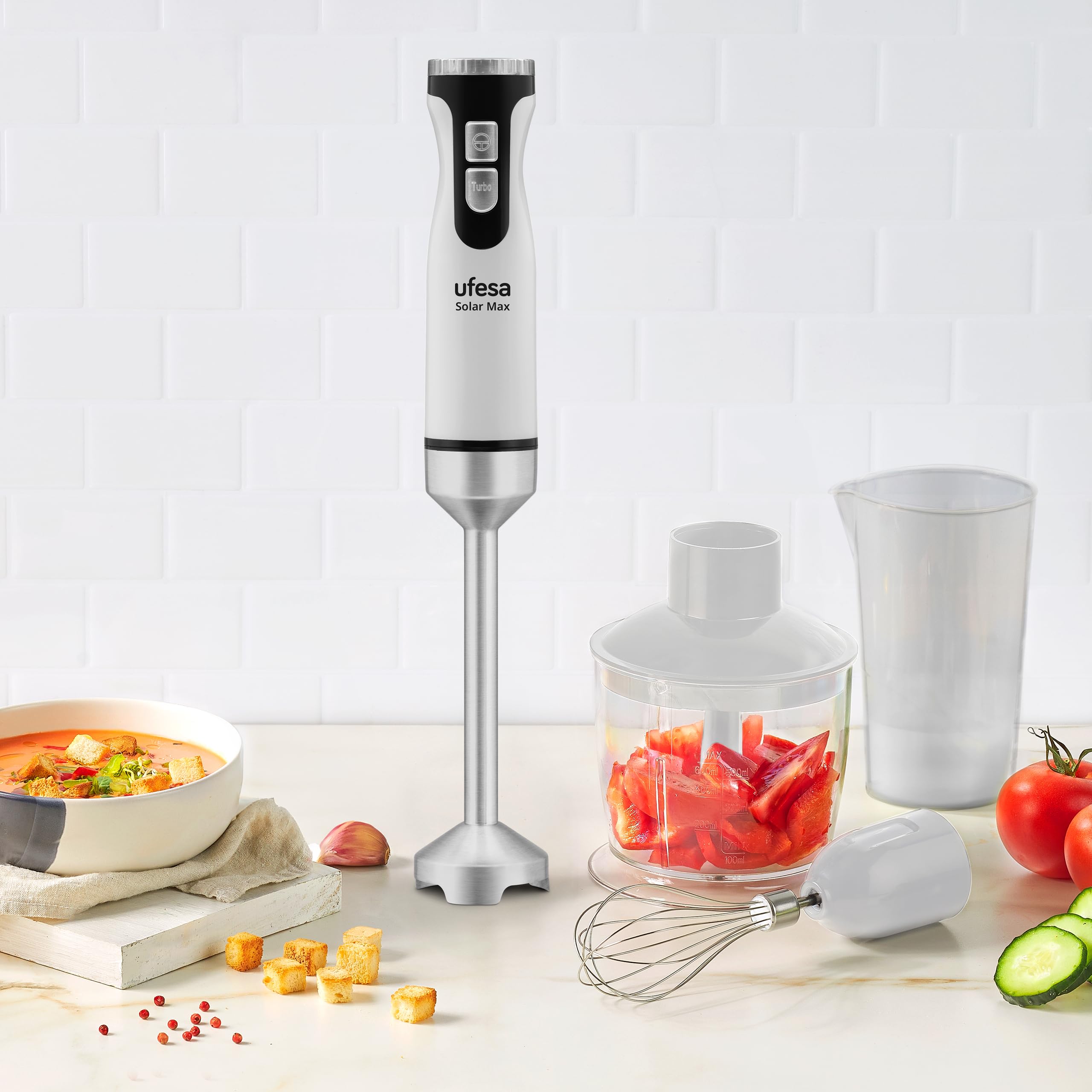 Ufesa Solar Max Frullatore a Mano, Potenza 1200W, 12 Velocità + TURBO, 4 Lame in Acciaio Inox, Design Ergonomico e Anti-Spruzzi, Accessori Inclusi, Senza BPA