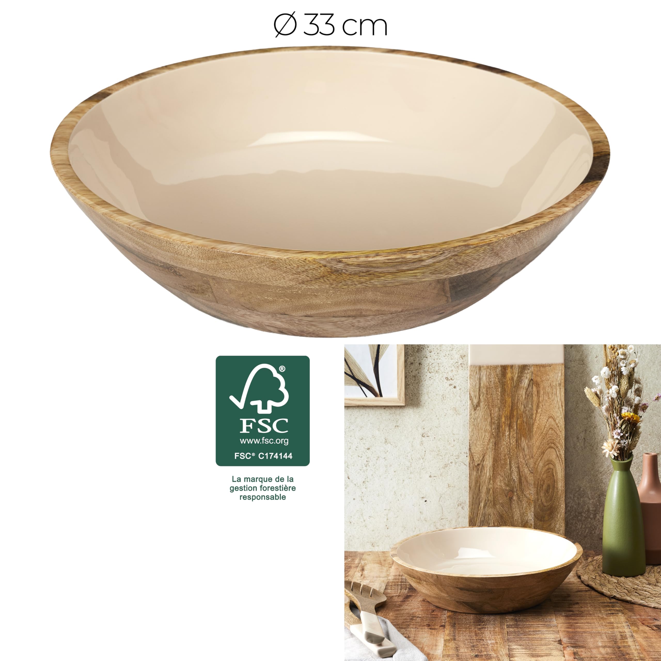 HOME DECO FACTORY - KA0572, Ensaladera de Madera de Mango Dune Uni, Diseño Elegante y Natural, Ideal para Ensaladas y Platos Variados, Fácil de Mantener, Diámetro 33 cm, Color Beige Marrón | Madera de mango, ensaladera Manguier Dune, 33 cm, diseño elegant