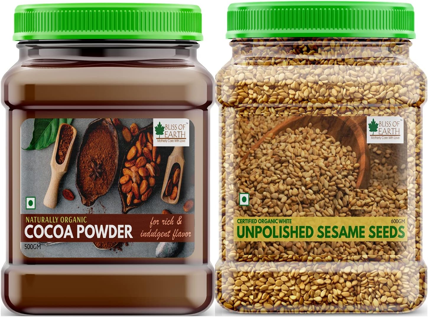 Bliss of Earth Combo of Naturally Organic Dark Cocoa Powder (500gm) for Chocolate Cake Making and Organic Unpolished Sesame Seeds (600gm) White for Eating, Raw Til Seeds