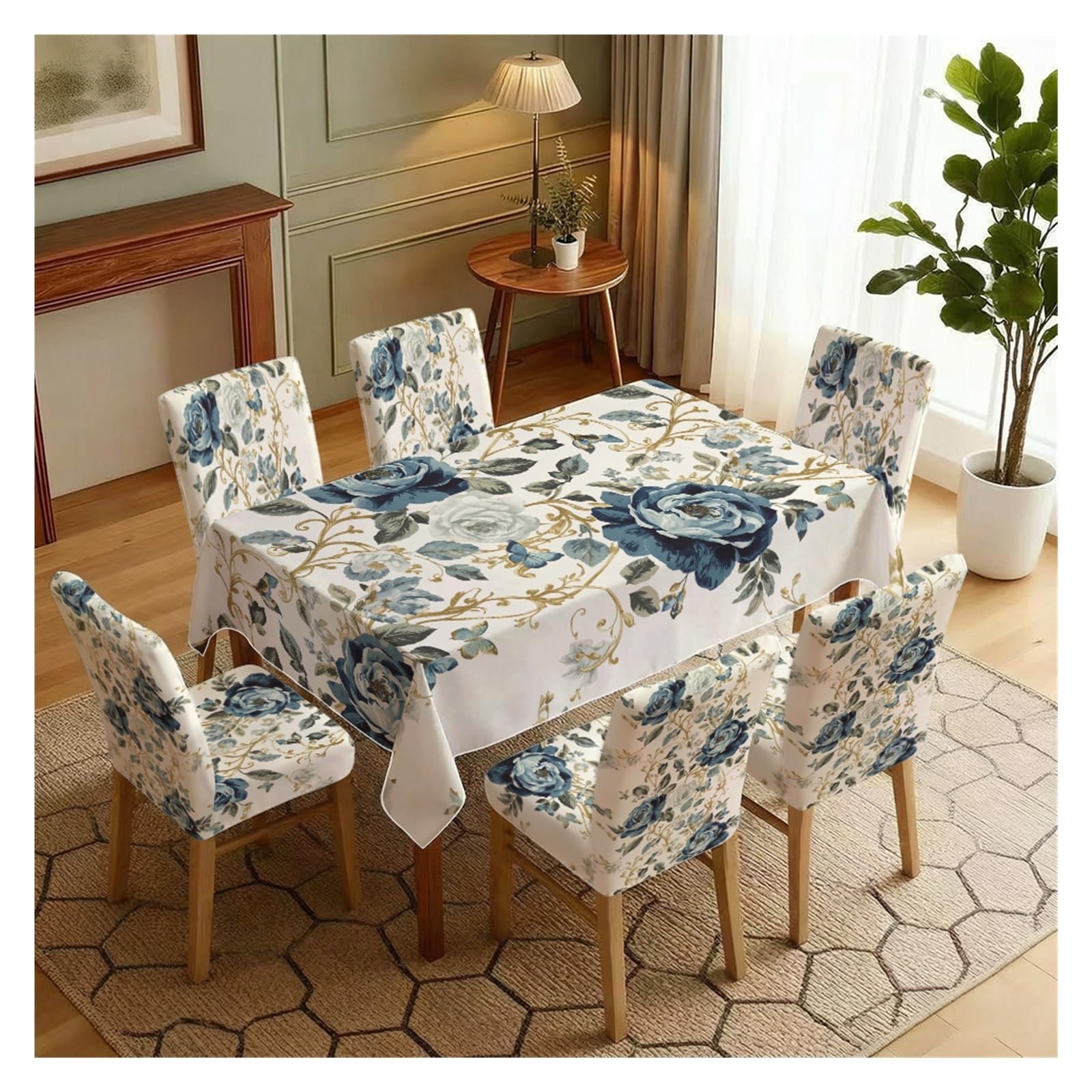 BOSUYBN Vintage Blue Rose Floral Dining Chair Covers & Tablecloth Set, 5/7 Piece Cream Background Slipcovers For Elegant Farmhouse Decor Table Setting(7pcs Set: Tablecloth+Chair Covers)
