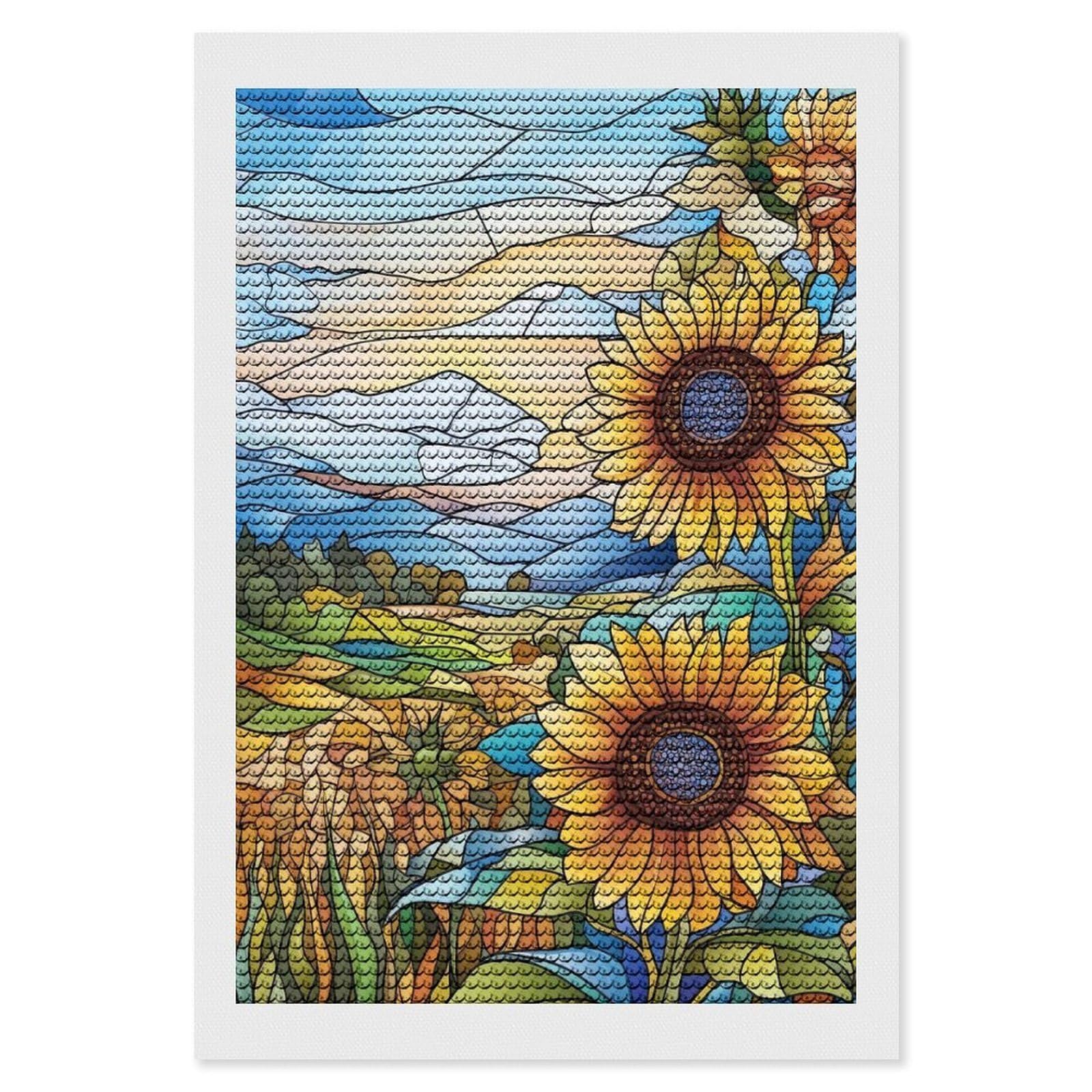 Junmoney Stained Glass Sunflowers Diamond Painting Canvas Set 8"x12", for Women, Mindful Craft Activity, Cosy Home Accent, Festive Craft Gift