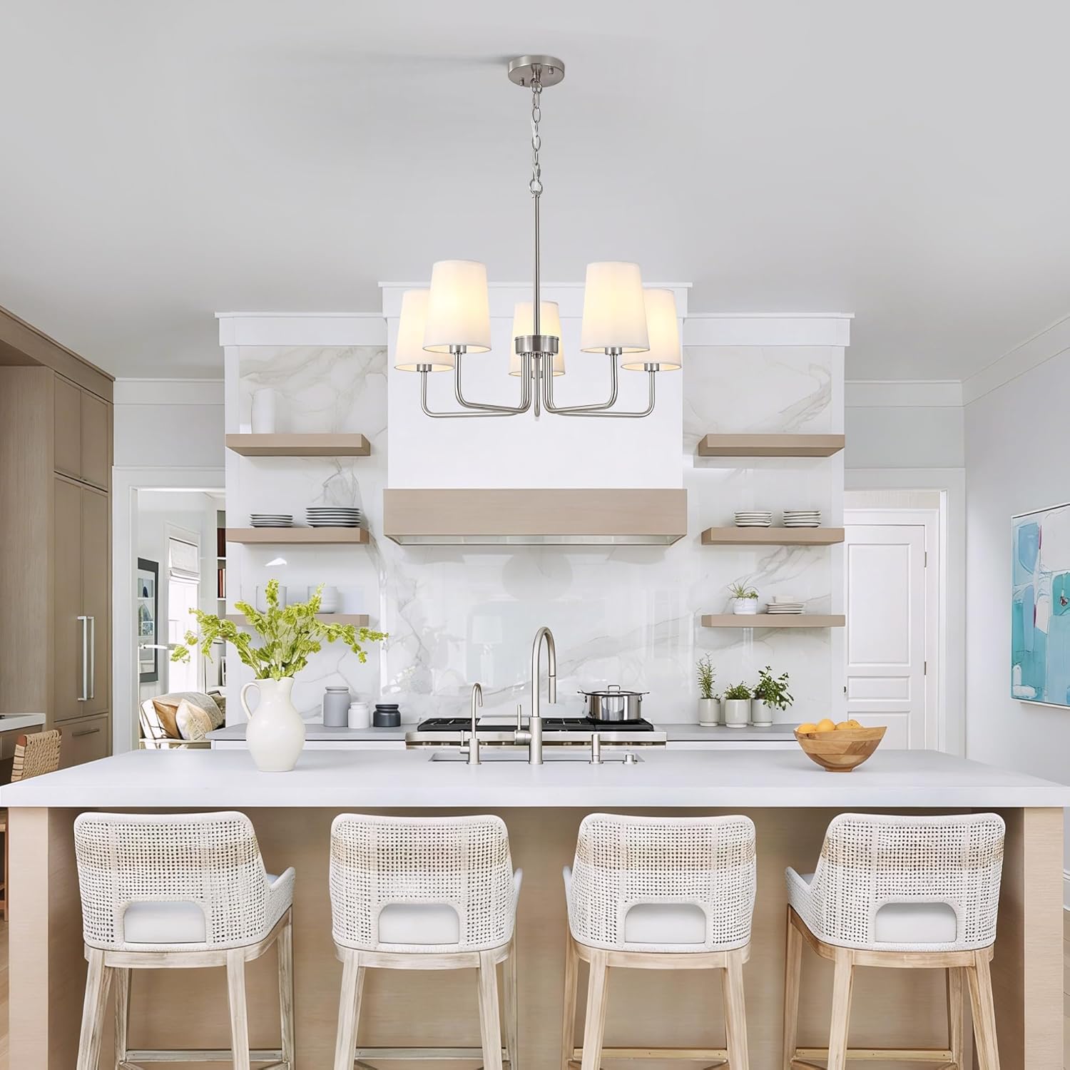 Modern Brushed Nickel 5-Light Chandelier, Farmhouse Industrial Dining Room Light Fixture Over Table with White Fabric Shade, Hanging Pendant Lighting for Kitchen Island Bedroom Living Room Entryway