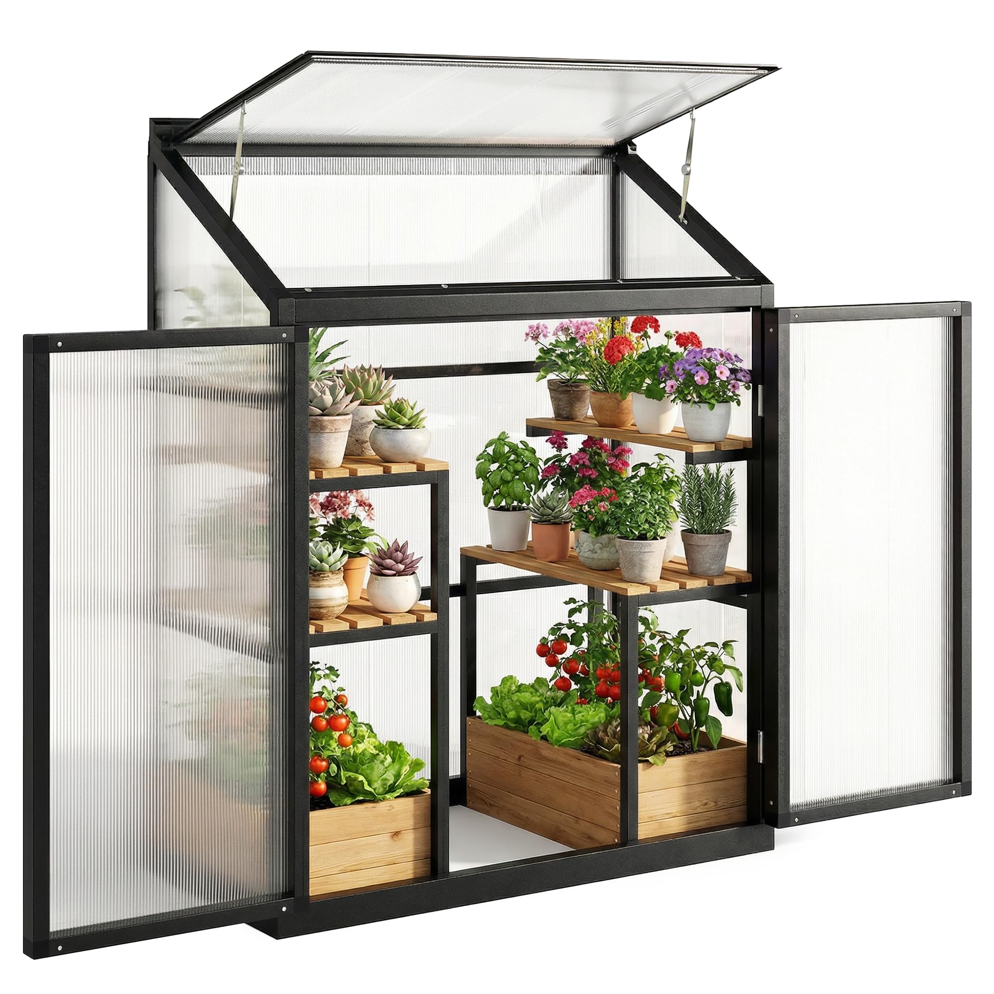 Outsunny 4 x 2ft Polycarbonate Greenhouse with Hinged Door, Top Vent, Lean-to Green House, Aluminium Walk-in Greenhouse for Patio Garden, Black