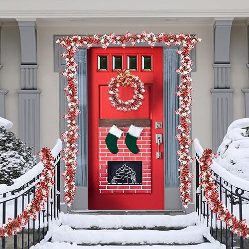 Miniatura 6 de Guirnalda de oropel de Navidad roja y verde de 50 pies con adornos de copo de nieve de Papá Noel, guirnalda metálica de Navidad para decoración de