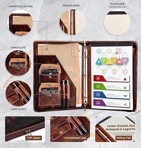 Miniatura 2 de AZXCG Carpeta organizadora de tres anillos de cuero genuino con cremallera, soporte para bloc de notas de cuero vintage, libro de reanudación del