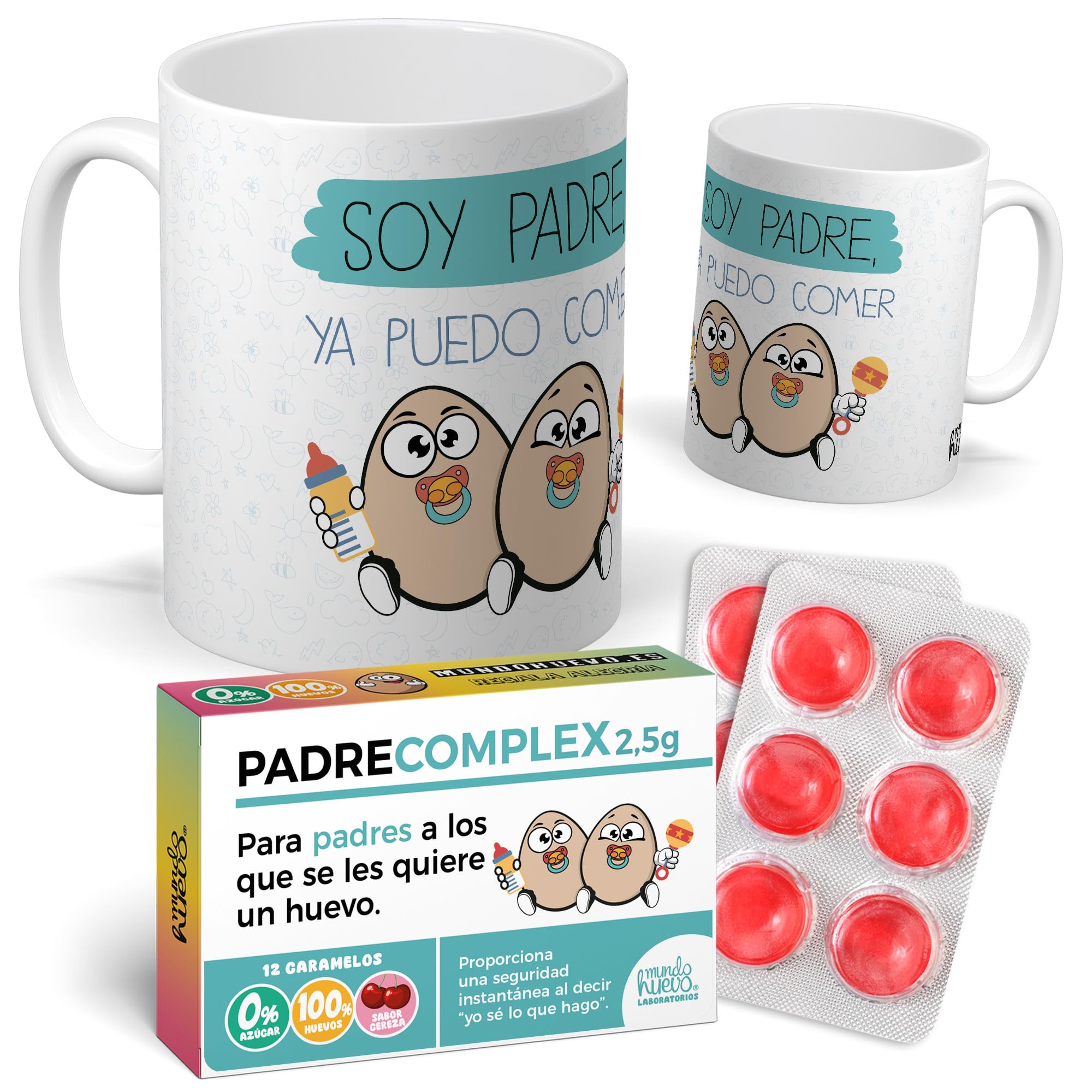 Pack Padre Original | Taza divertida + caramelos PADRECOMPLEX | Regalo Día del Padre, cumpleaños o papá primerizo | Detalle gracioso y con mucho huevo