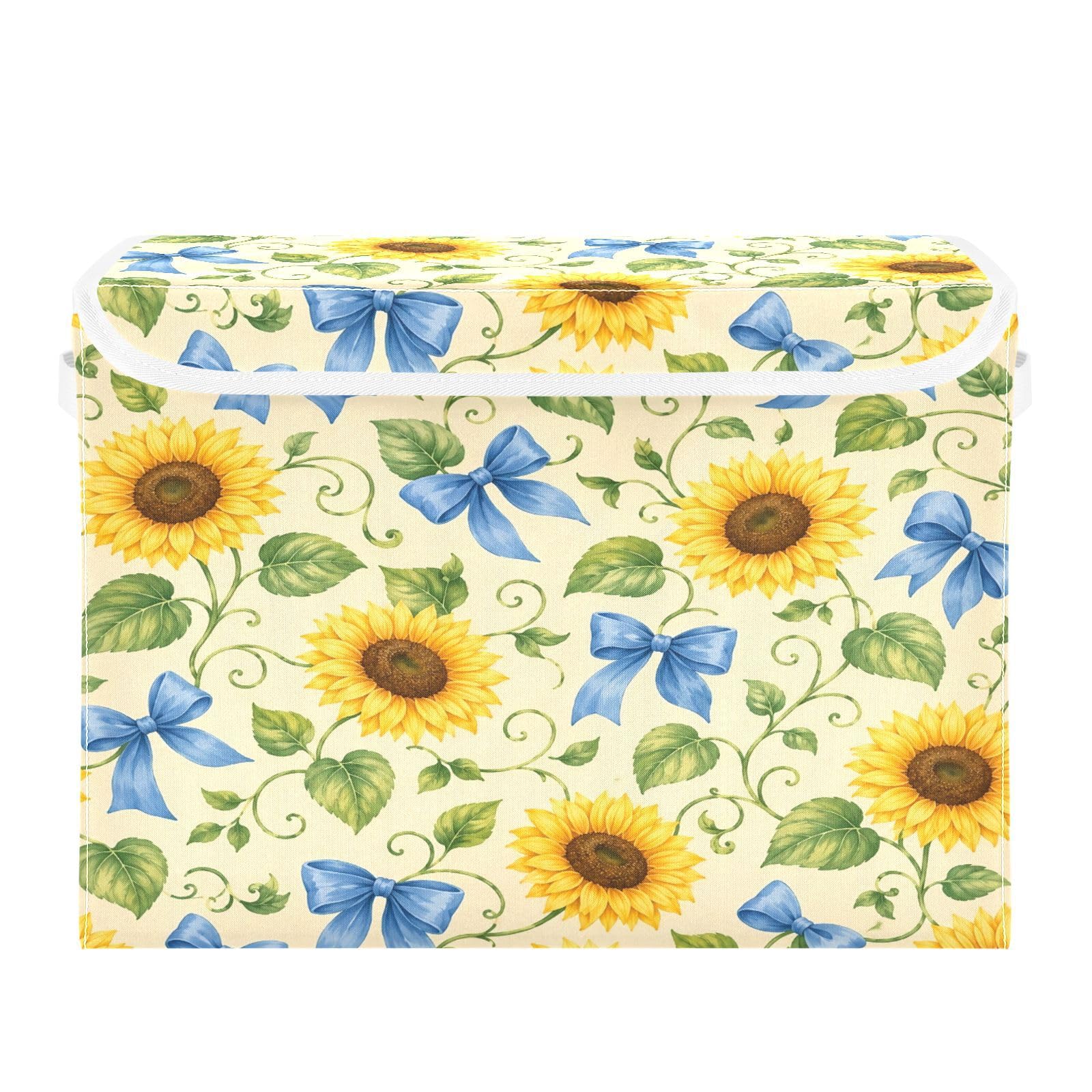 Ewusp Sunflowers Fabric Storage Bin with Lid, Decorative Foldable Storage Basket with Handles, Stackable Closet Shelf Organiser Box for Clothes, Books, Bedroom, Living Room