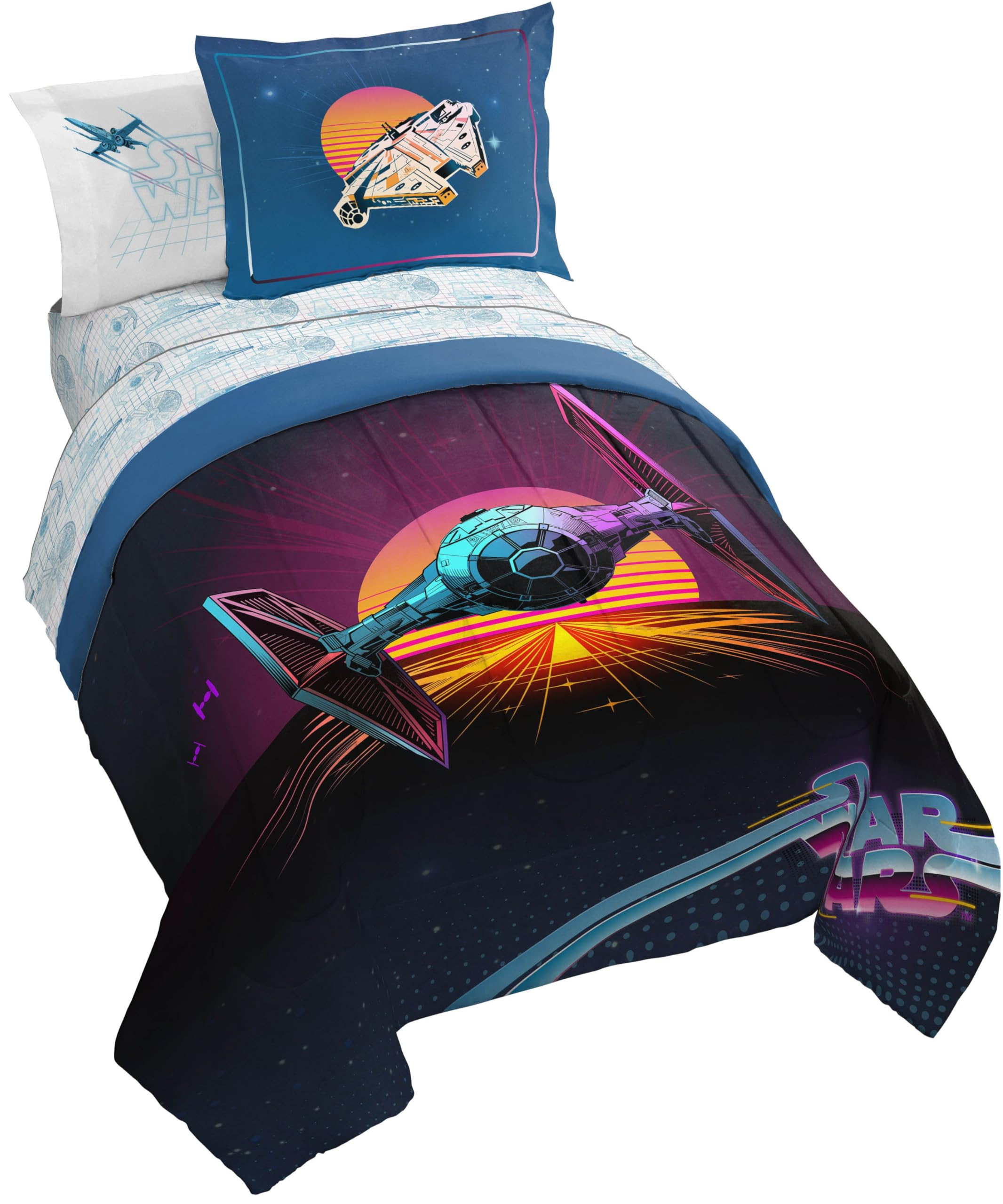 Jay Franco Kids Comforter Set Includes Sheets and Pillow Covers - Soft and Cozy Bed Set for Stylish Room Decor, Blue - Star Wars 02, 7 Piece Full Size Bedding