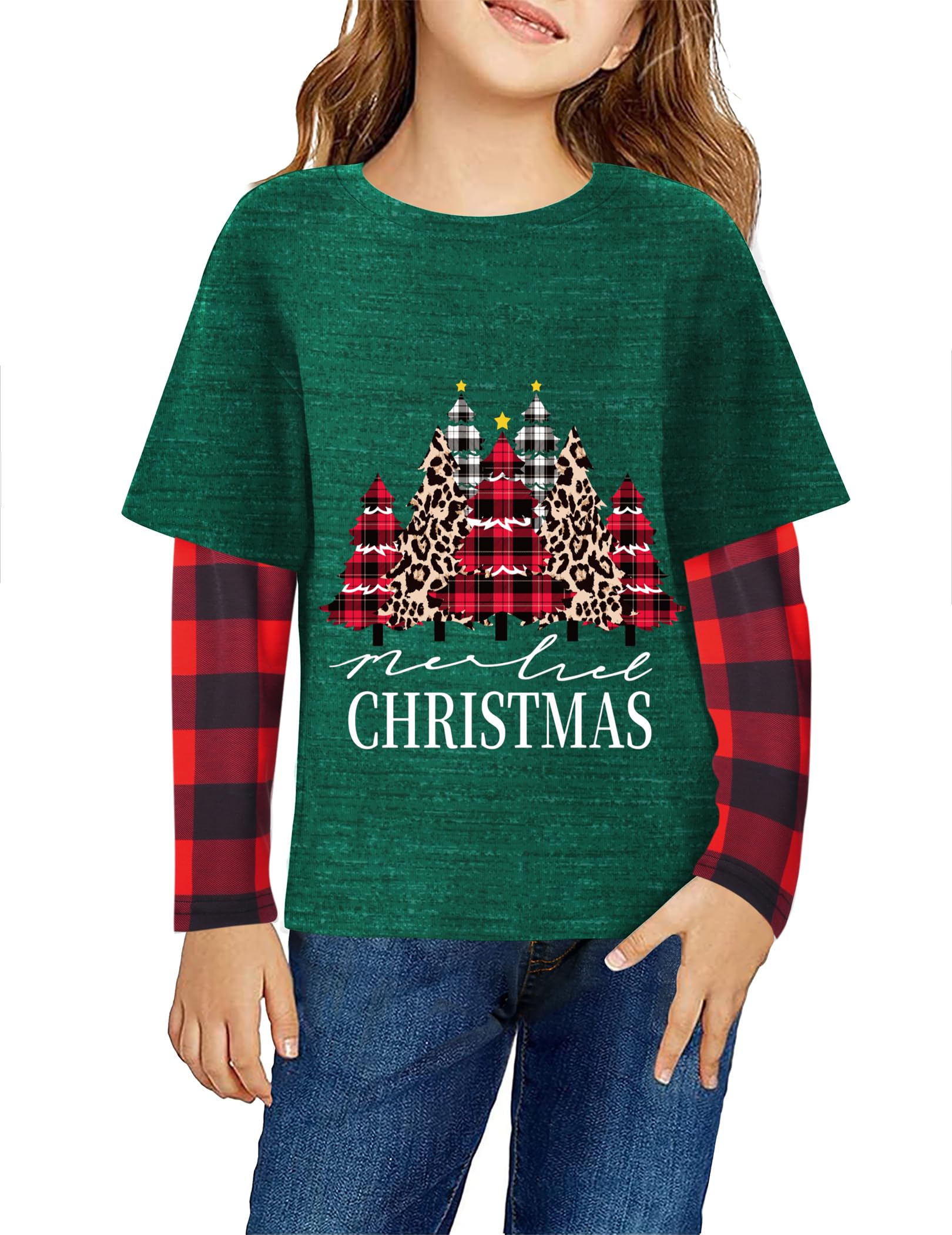 Arshiner Girls Christmas Halloween Long Sleeve Shirts Graphic Stripe Plaid Patchwork Top Tee