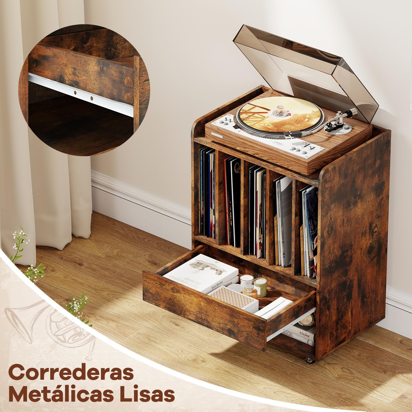 COSTWAY Soporte para Tocadiscos con Ruedas, Mueble para Discos de Vinilo con 5 Compartimentos, Cajón y Estante Abierto, Mesa Auxiliar para Tocadiscos para Salón, Oficina, 52 x 35,5 x 73 cm (Marrón)