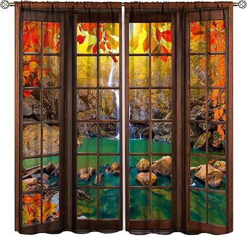 Cortinas decorativas de paisaje, otoño bosque, cascada, cortinas rústicas para ventana, dormitorio, sala de estar, cocina, juego de 2 piezas de 42 x