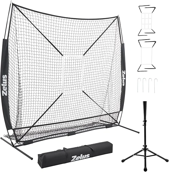 ZELUS 7x7 ft Baseball Hitting and Pitching Net with Batting Tee, 2 Strike Zone Large Ball Collection System, Portable Softball Net with Carry Bag for All Skill Levels