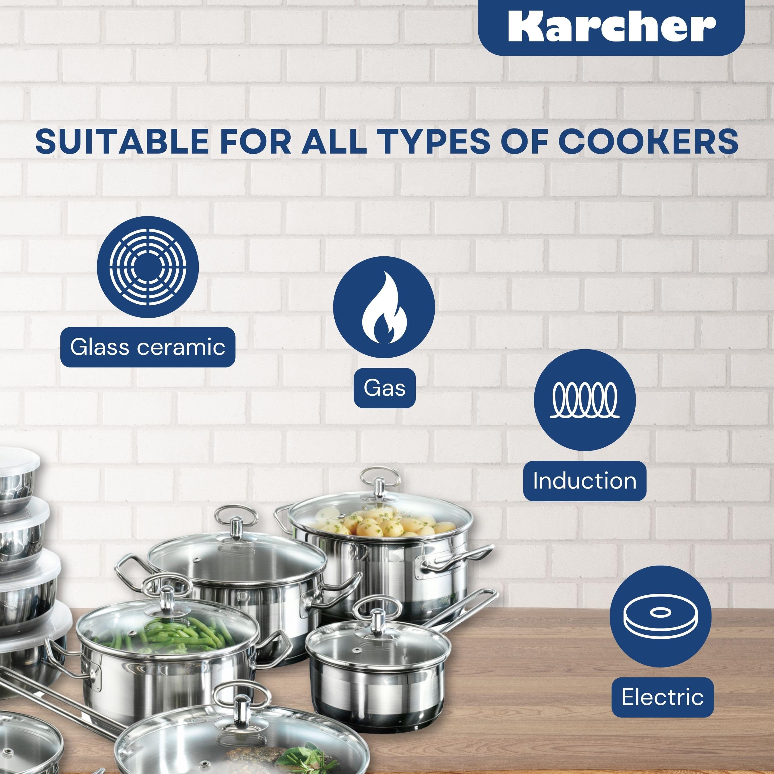 Karcher Set Pentole in Acciaio Inox 20 Pezzi con Coperchi | Batteria di Pentole Completa per Cucina, Induzione, Gas ed Elettrico | Casseruole, Padelle e Saladiere per Casa e Famiglia