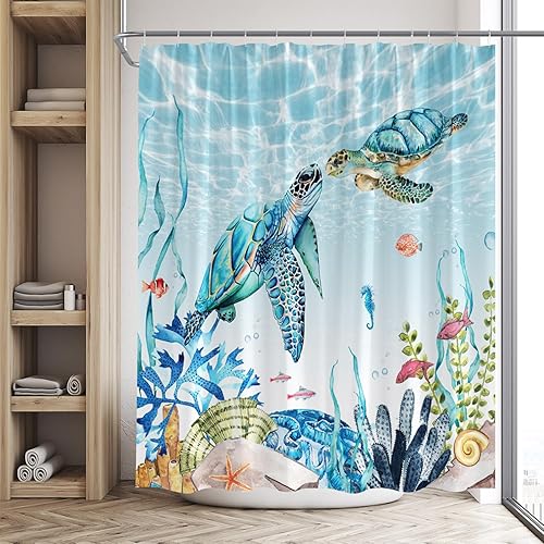Miniatura 2 de Cortina de ducha de tortuga de mar verde, divertida vida marina, océano, playa, coral, concha, estrella de mar, animales, tema náutico, tela de