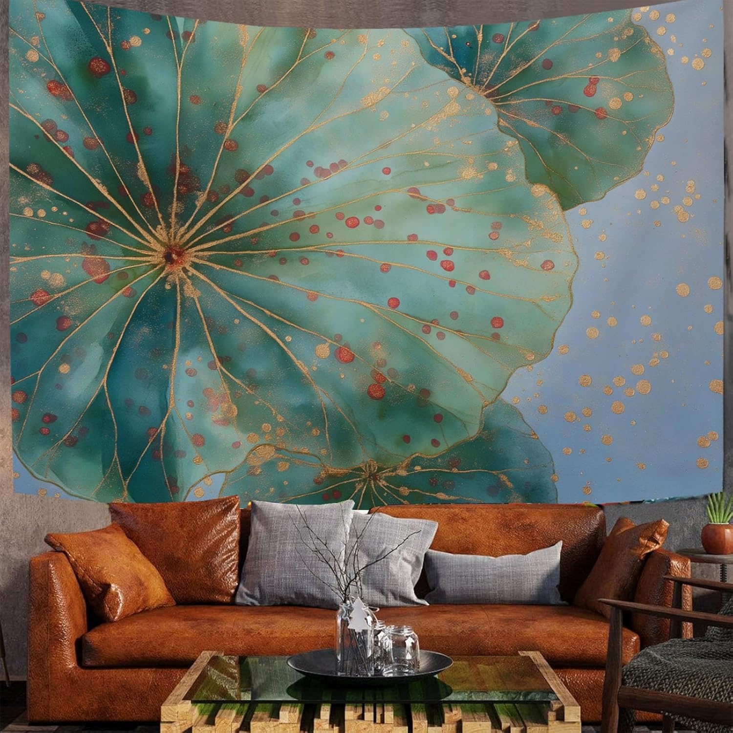 Arazzo da Parete Foglia Loto Acquerello 240x260 cm Arazzo Extra Grande Verde con Stampa 3D Decorazione da Parete per Camera da Letto, Soggiorno e Dormitorio a/6856