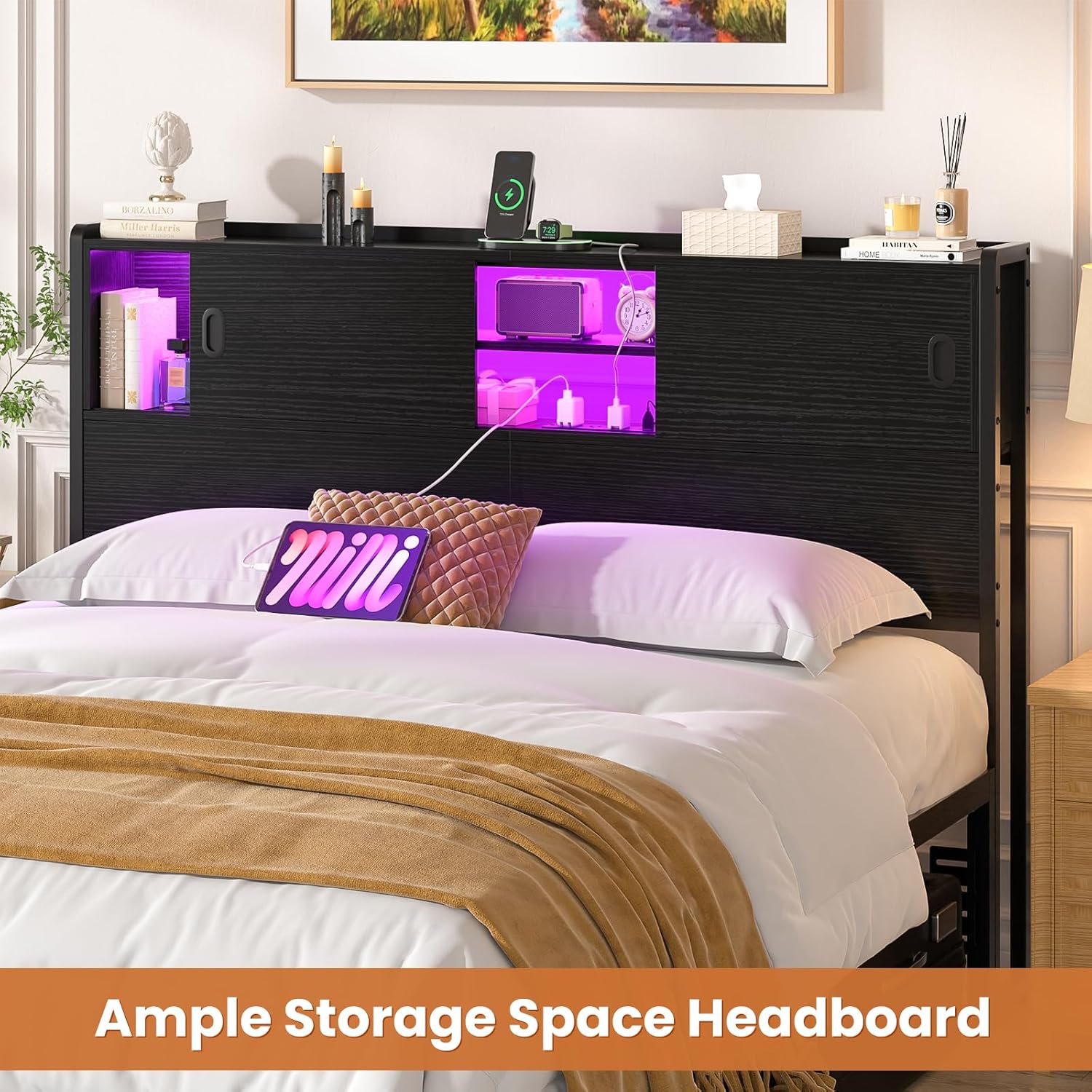 Homieasy Queen Storage Headboard with Sliding Doors, Bookcase Head Board with Charging Station & LED Lights, Headboard Only for Queen Bed, Wood Headboards with Bookshelf