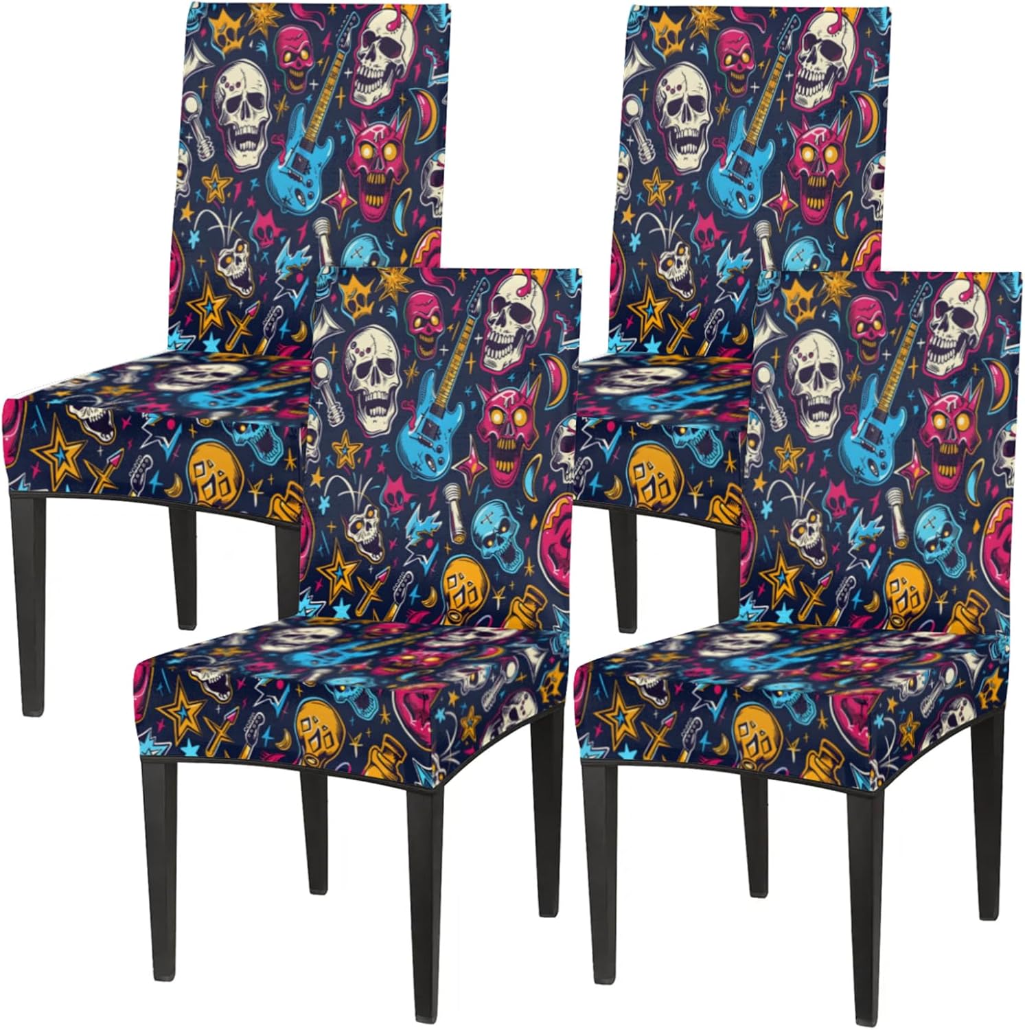 QsirBC Skulls Guitar Stretch Dining Room Chair Covers Set of 4 Chair Slipcovers Removable Washable Kitchen Seat Covers Chair Protectors for Hotel Party Wedding