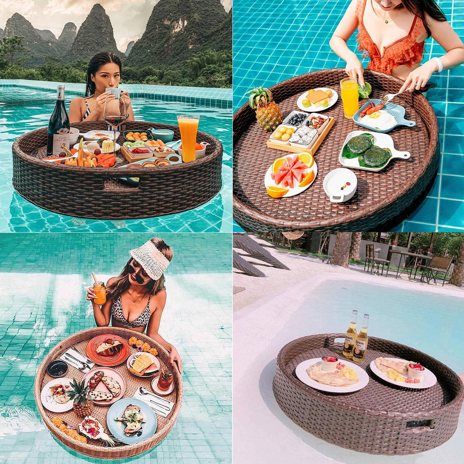 Bandeja Flotante de ratán con Asas para Servir, Elegante decoración rústica.