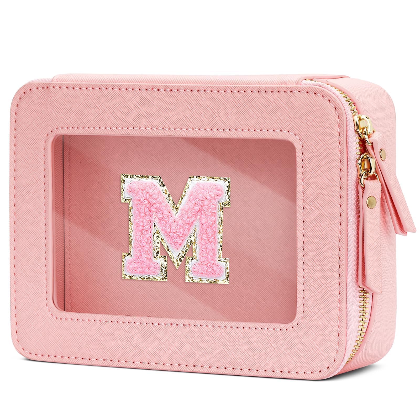 CLOUDWINGS Christmas Gifts for Girls - Initial Clear Toiletry Bag Cosmetic Bags for Girls with Zipper, Potable Makeup Bag for Birthday (Pink, M)